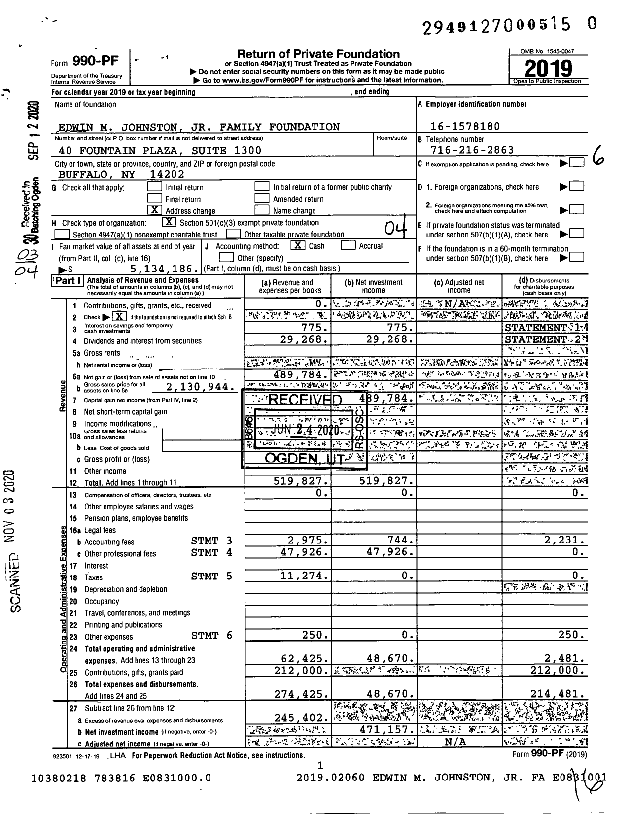 Image of first page of 2019 Form 990PF for Edwin M Johnston JR Family Foundation