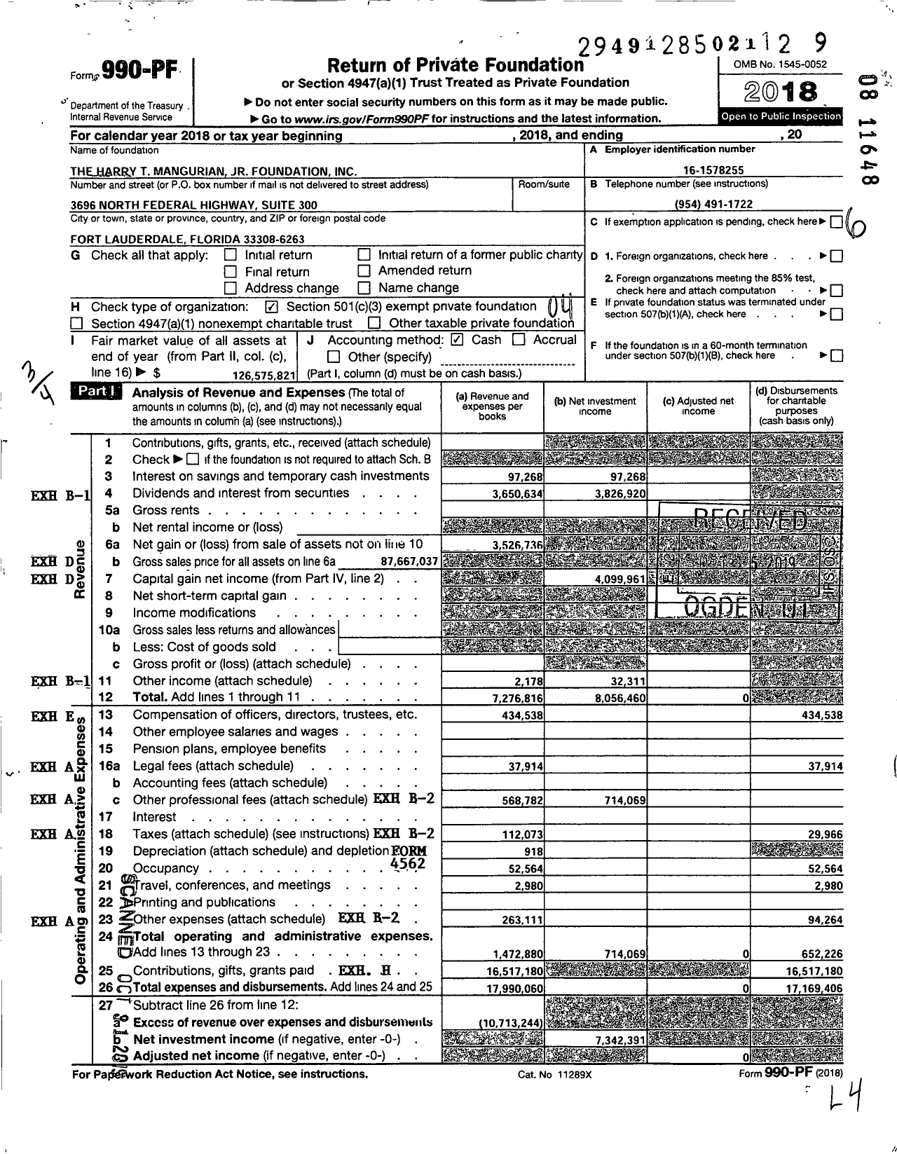 Image of first page of 2018 Form 990PF for Harry T. Mangurian JR Foundation