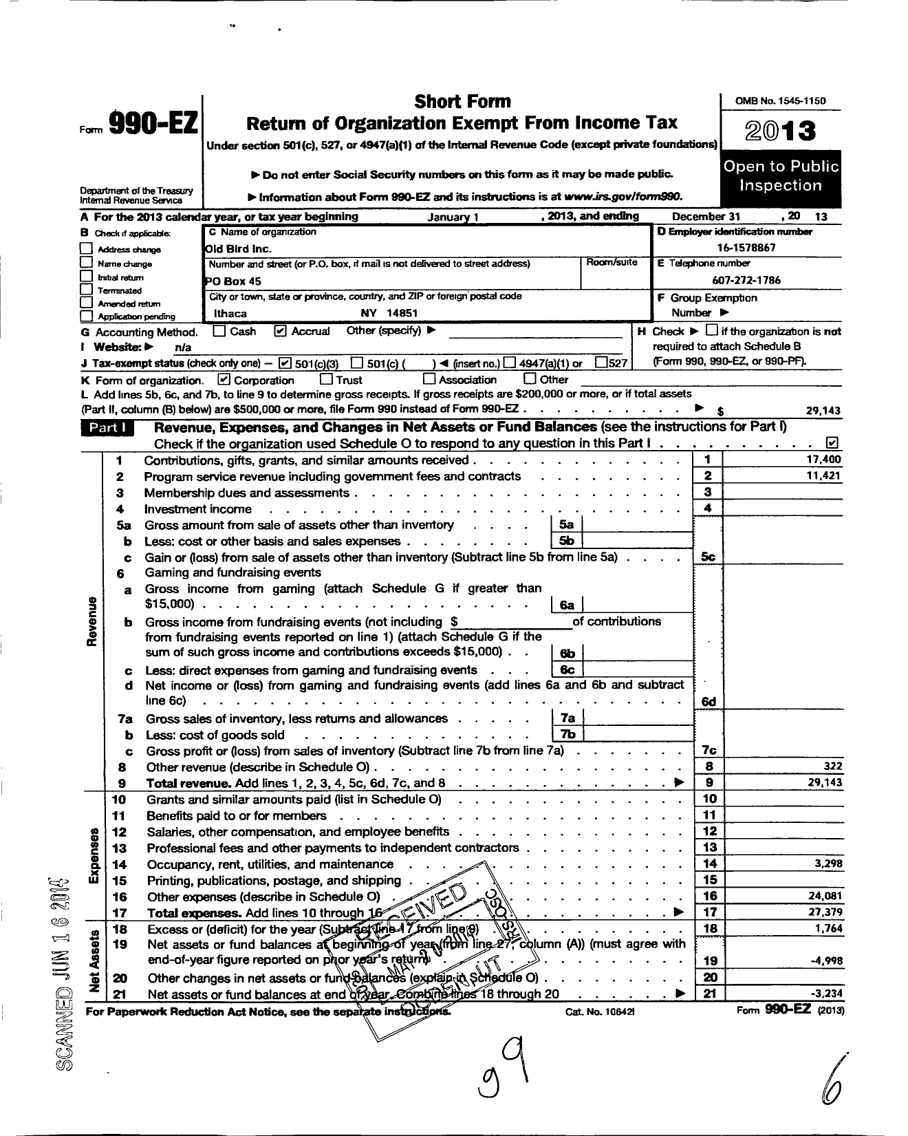 Image of first page of 2013 Form 990EZ for Old Bird