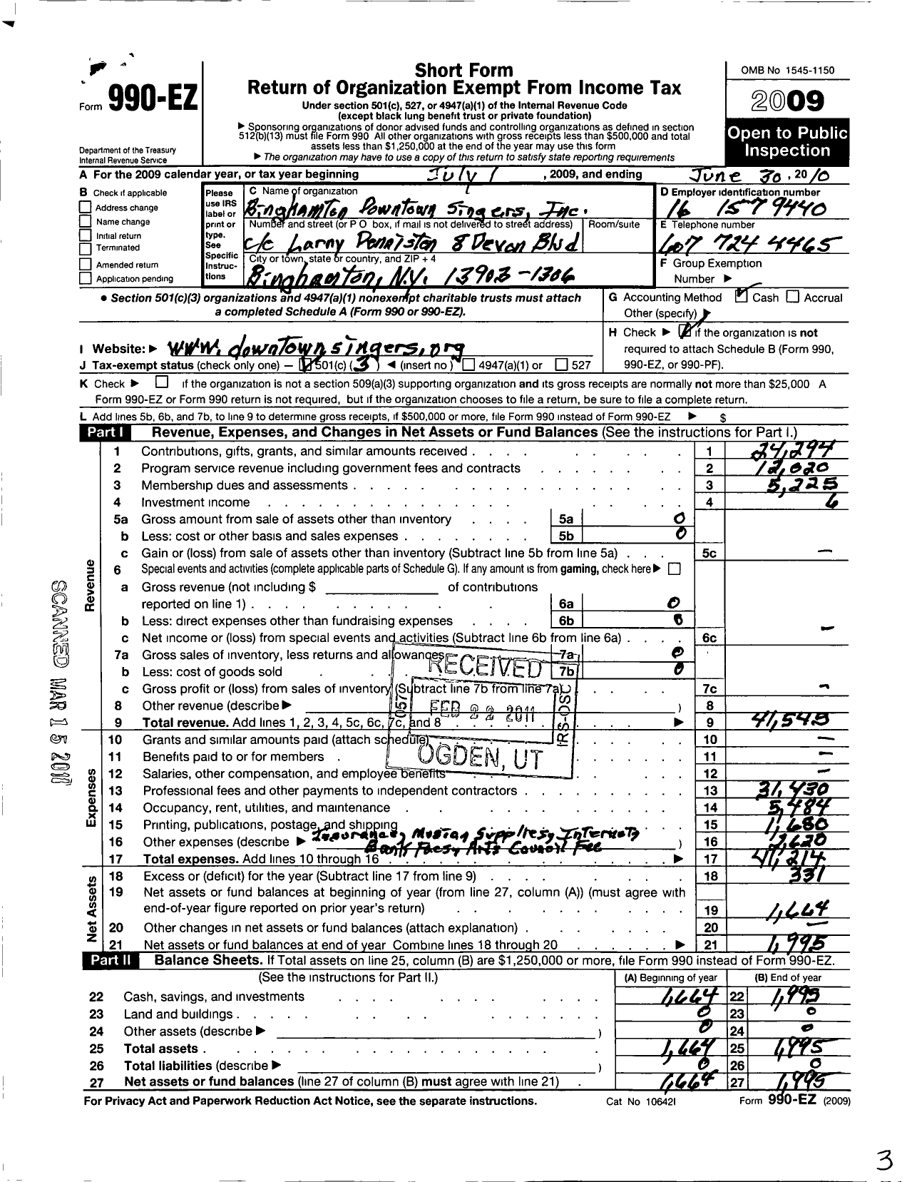 Image of first page of 2009 Form 990EZ for The Binghamton Downtown Singers