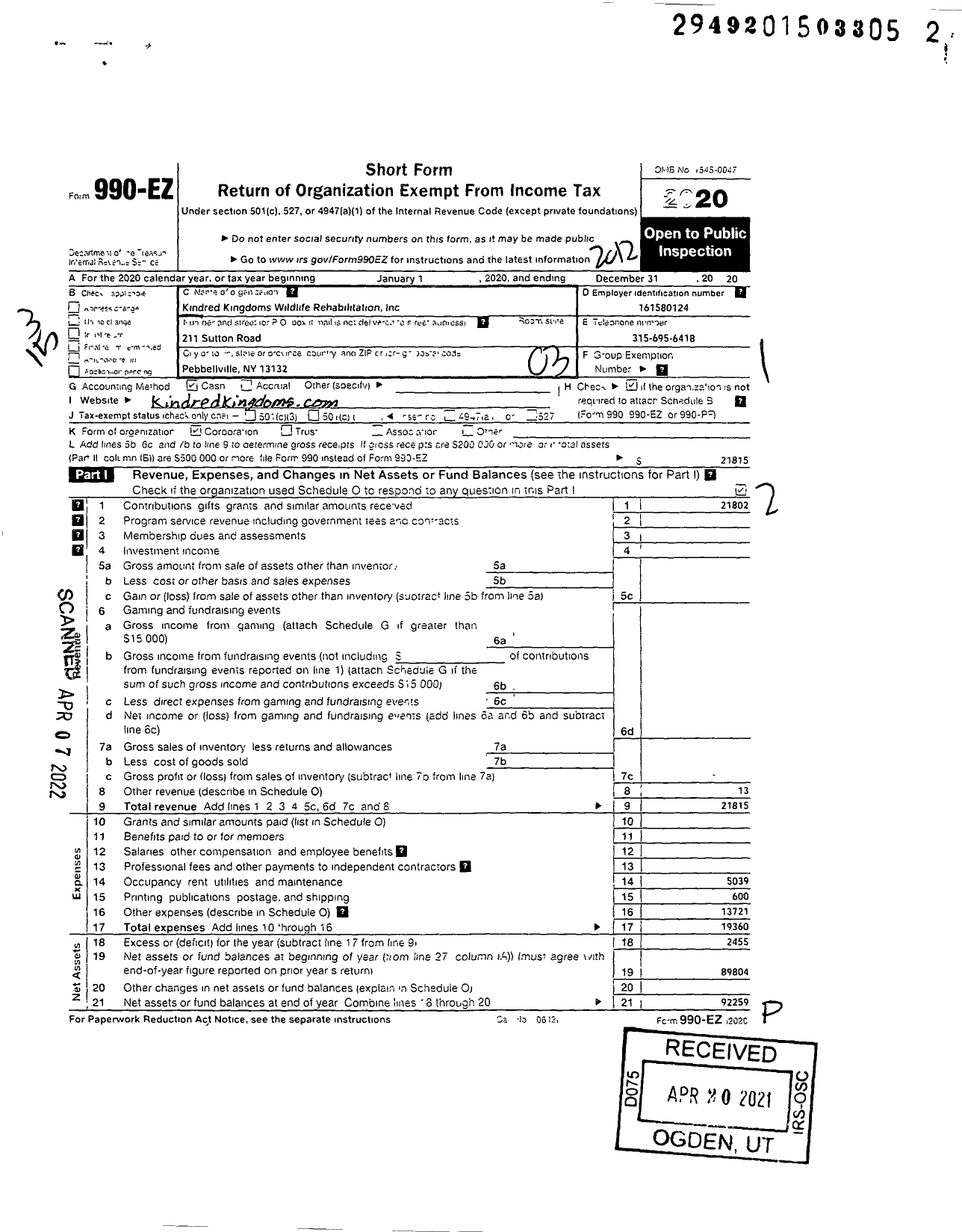 Image of first page of 2020 Form 990EZ for Kindred Kingdoms Wildlife Rehabilitation