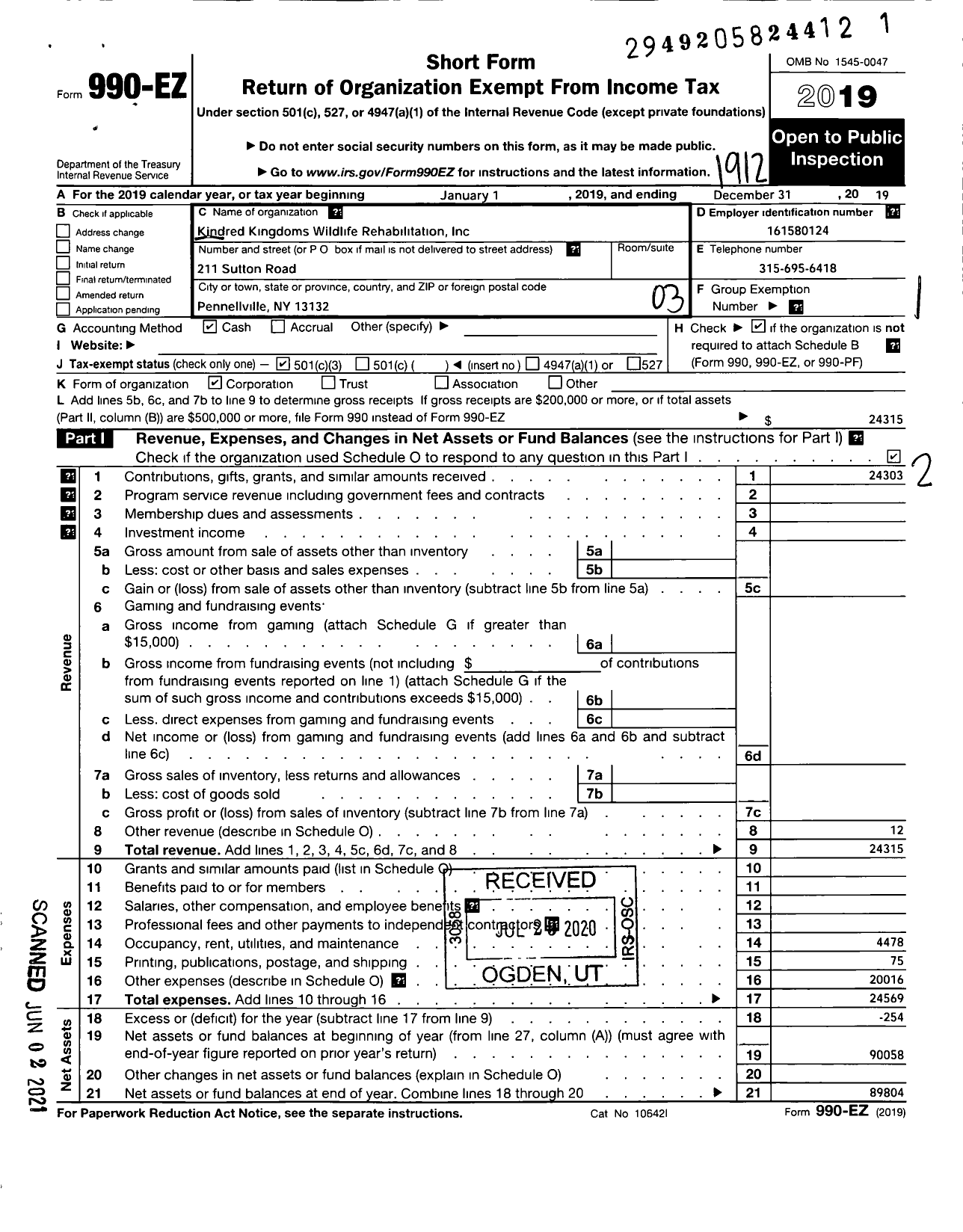 Image of first page of 2019 Form 990EZ for Kindred Kingdoms Wildlife Rehabilitation