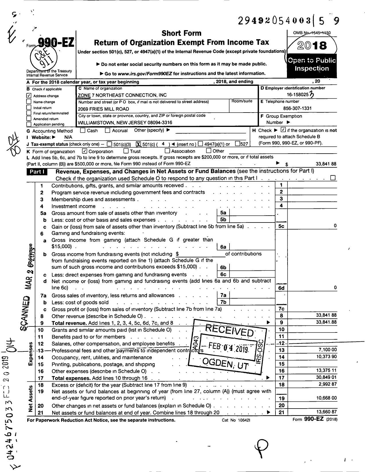 Image of first page of 2018 Form 990EO for Zone 7 Northeast Connection