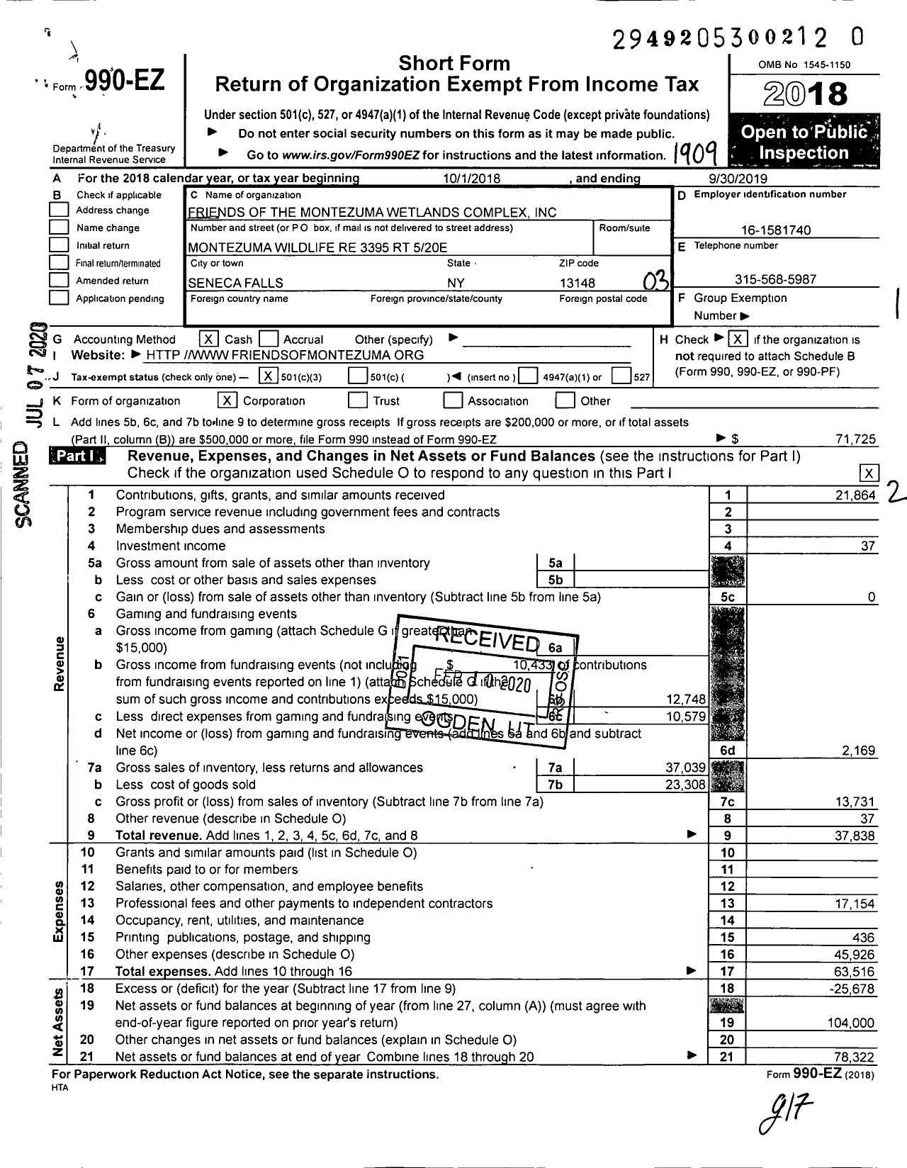 Image of first page of 2018 Form 990EZ for Friends Of The Montezuma Wetlands Complex