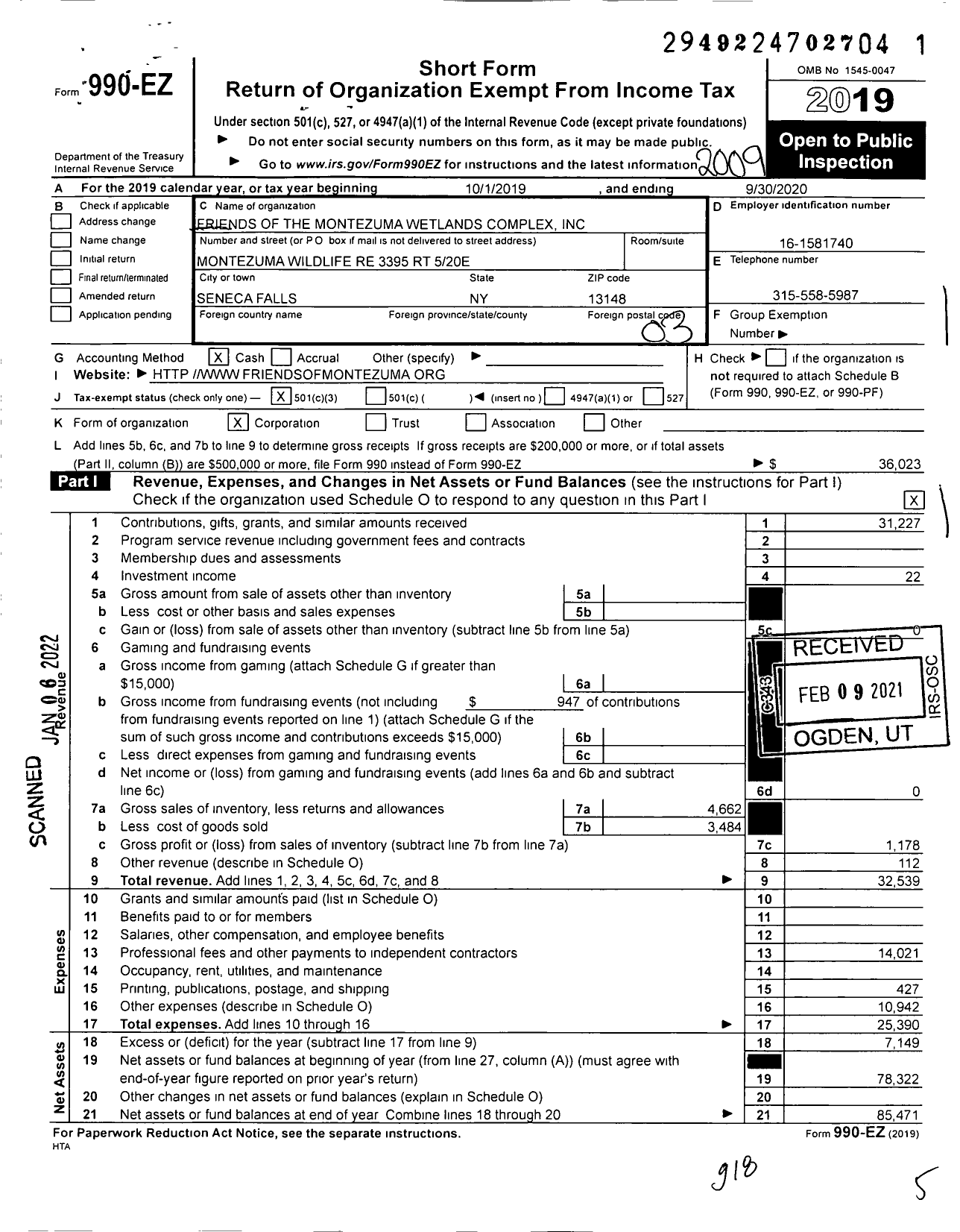 Image of first page of 2019 Form 990EZ for Friends Of The Montezuma Wetlands Complex