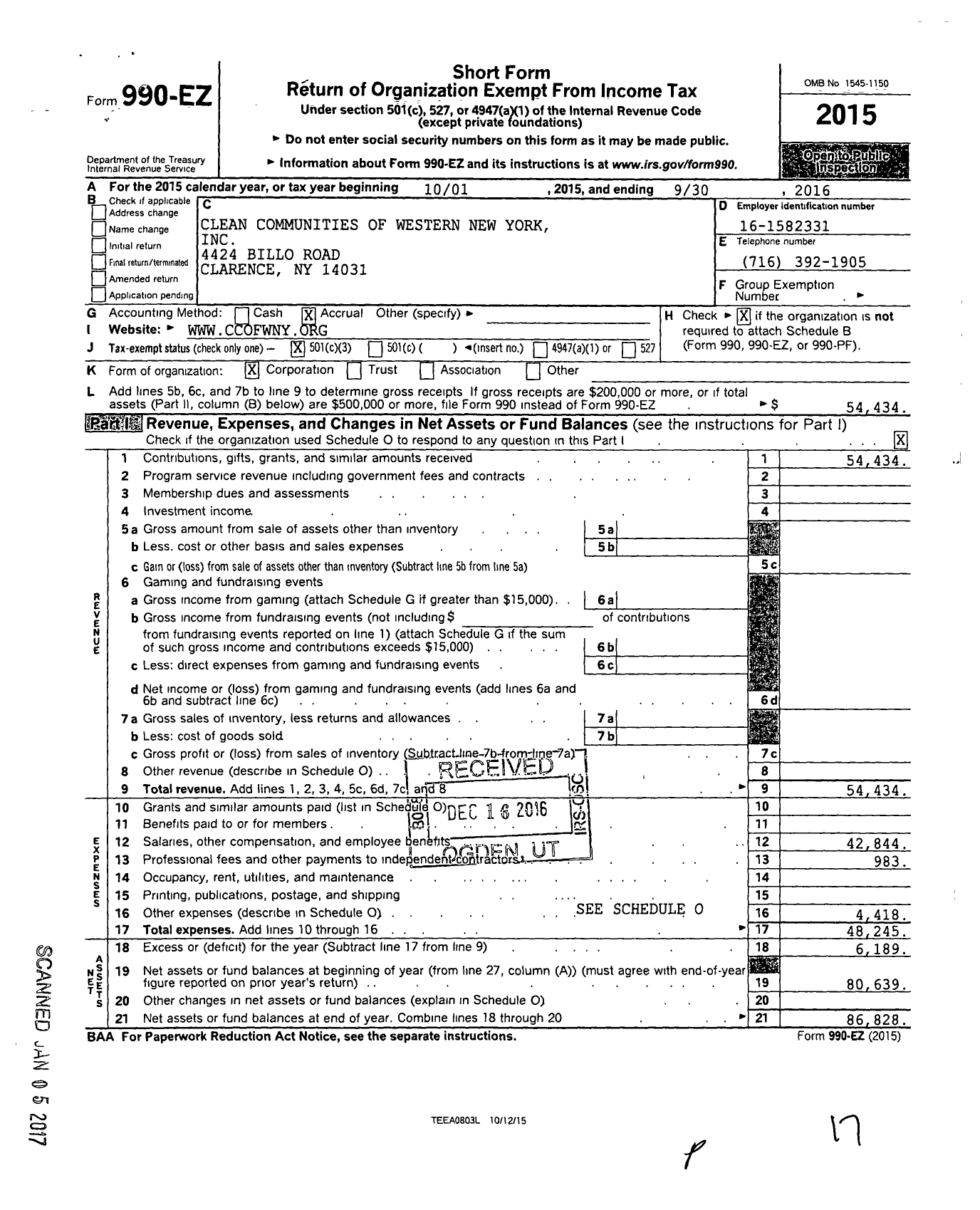 Image of first page of 2015 Form 990EZ for Clean Communities of Western New York