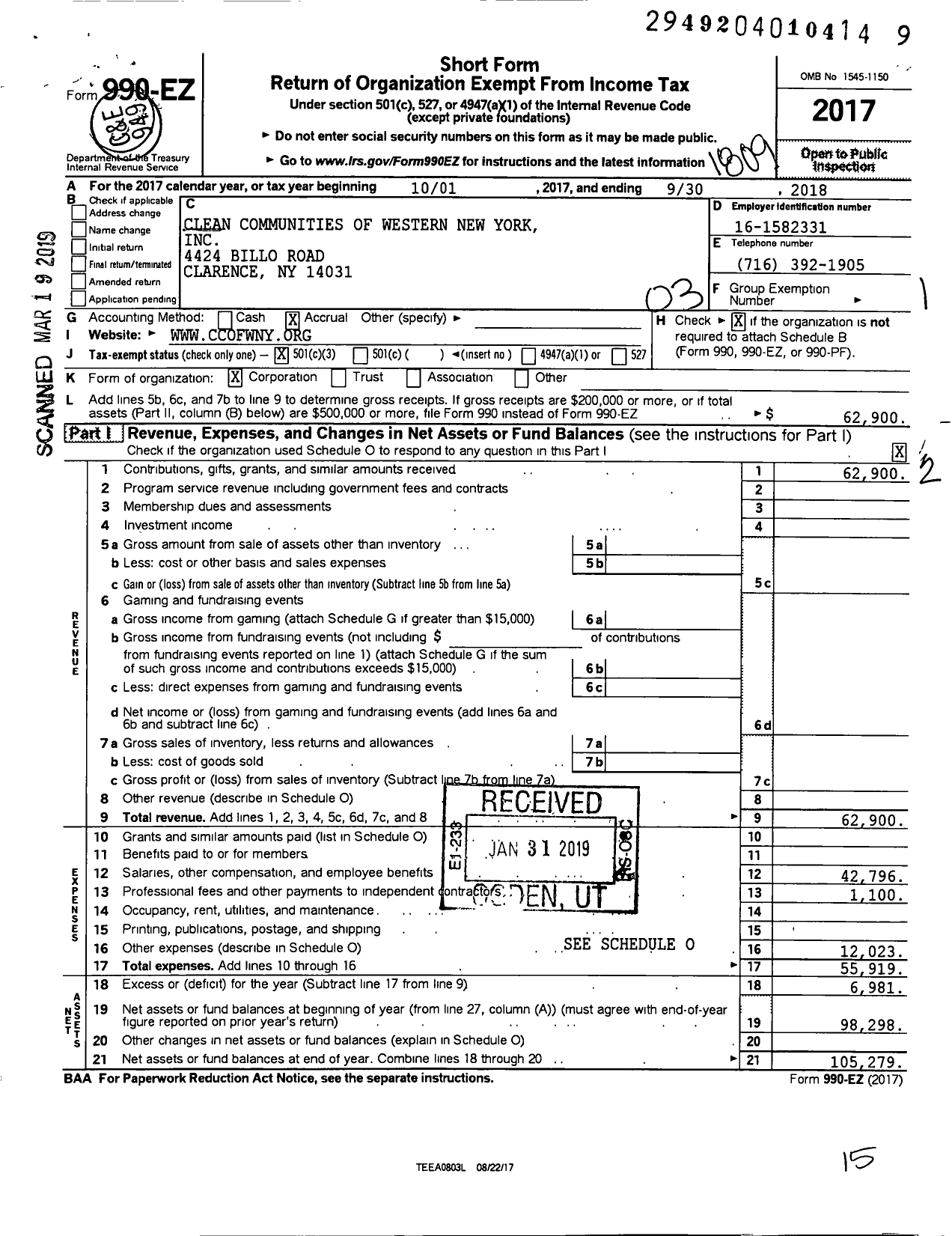 Image of first page of 2017 Form 990EZ for Clean Communities of Western New York