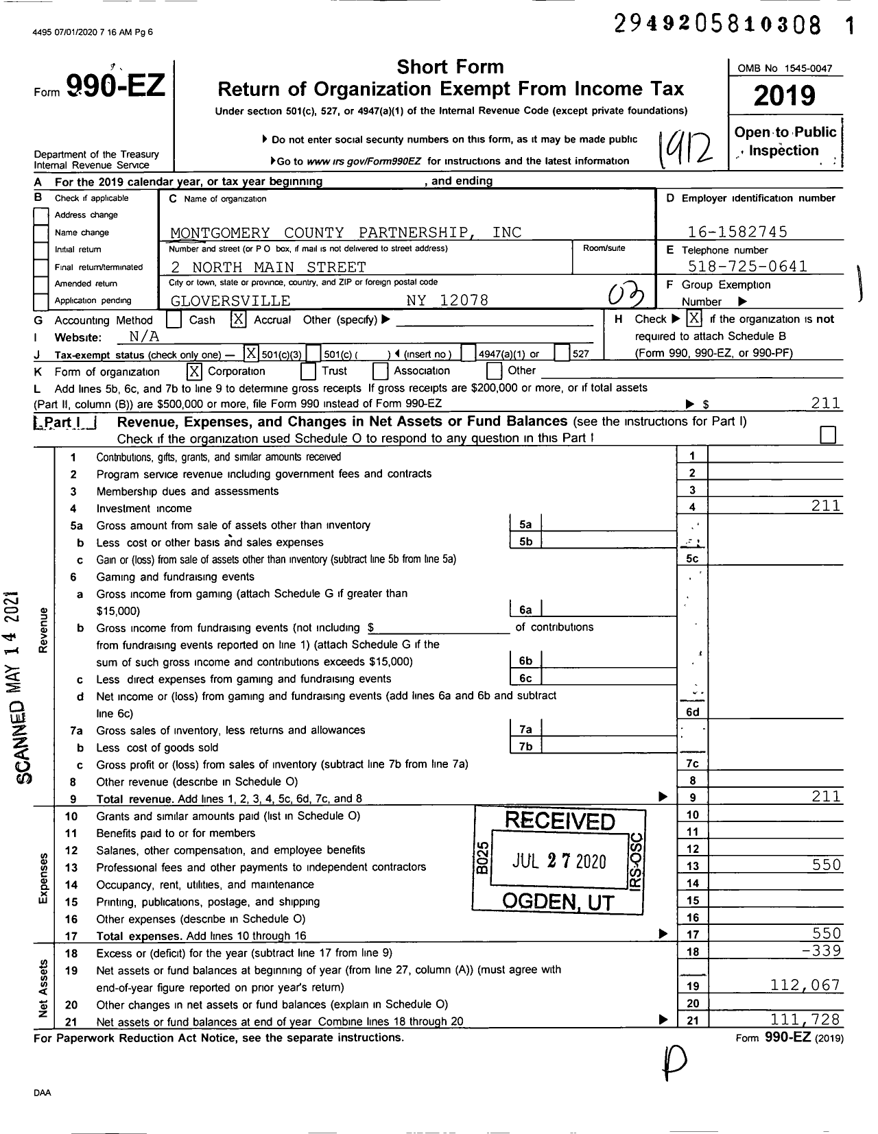 Image of first page of 2019 Form 990EZ for Montgomery County Partnership