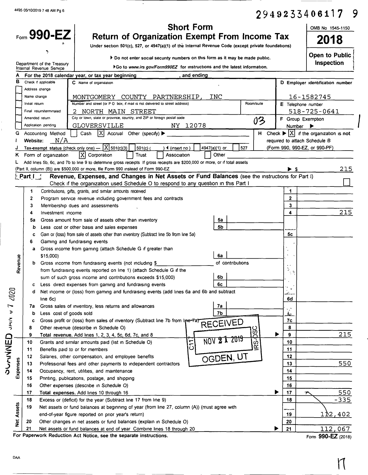 Image of first page of 2018 Form 990EZ for Montgomery County Partnership