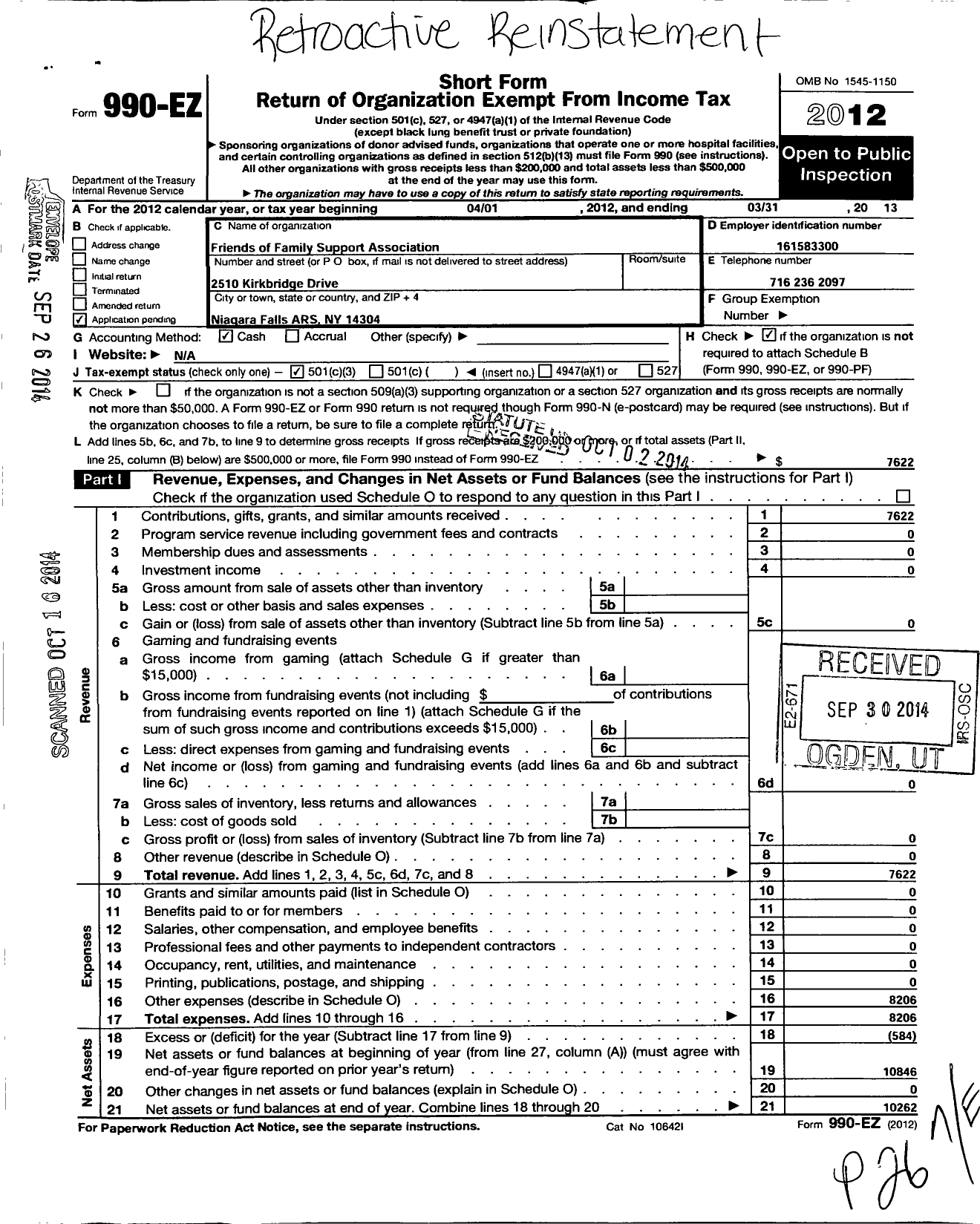 Image of first page of 2012 Form 990EZ for Friends of Family Support