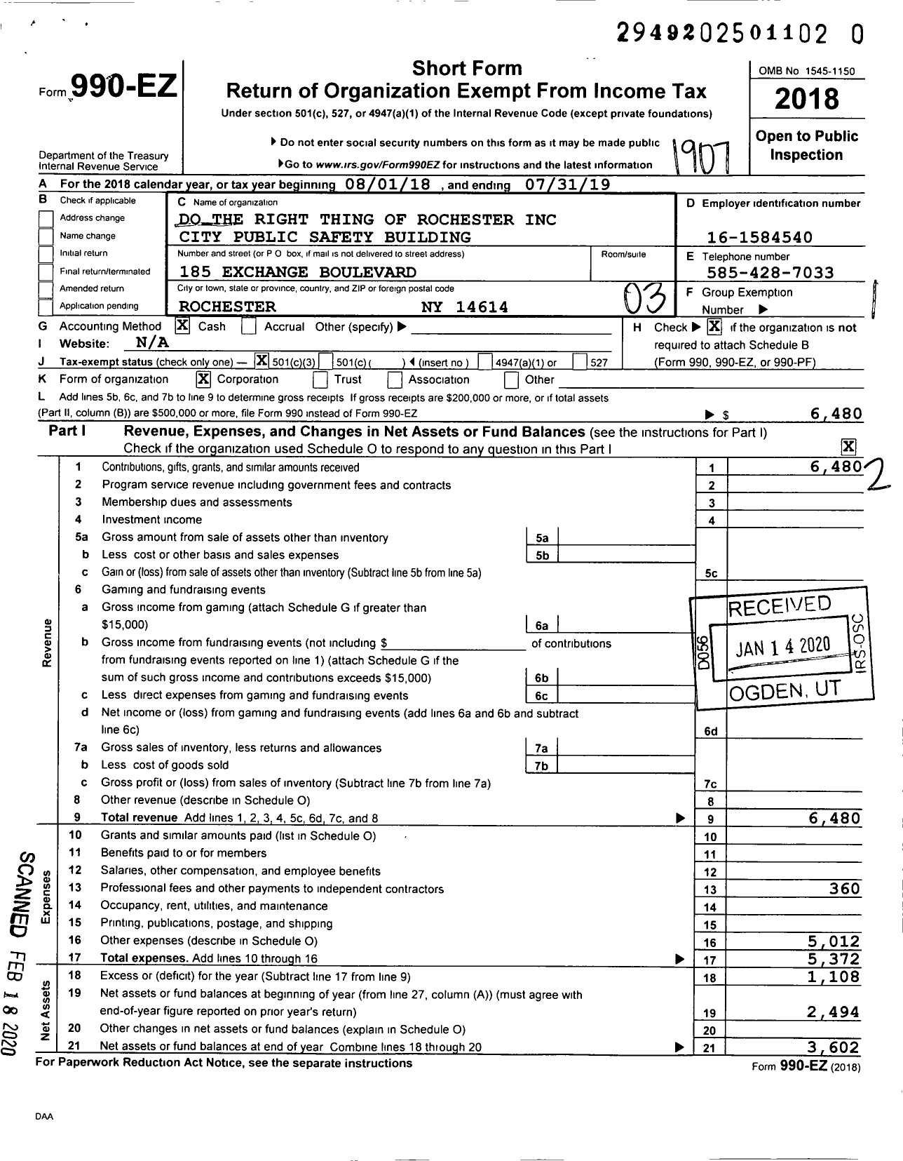 Image of first page of 2018 Form 990EZ for Do the Right Thing of Rochester