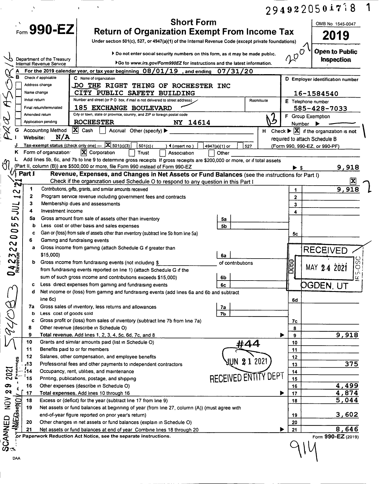 Image of first page of 2019 Form 990EZ for Do the Right Thing of Rochester