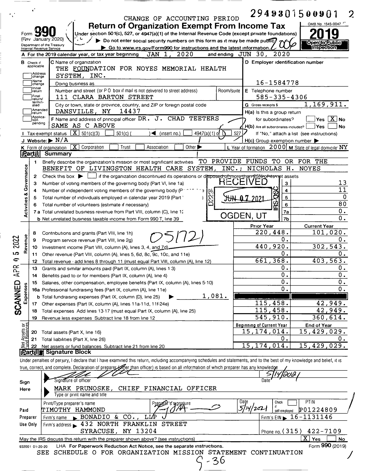 Image of first page of 2019 Form 990 for The Foundation for Noyes Memorial Health System