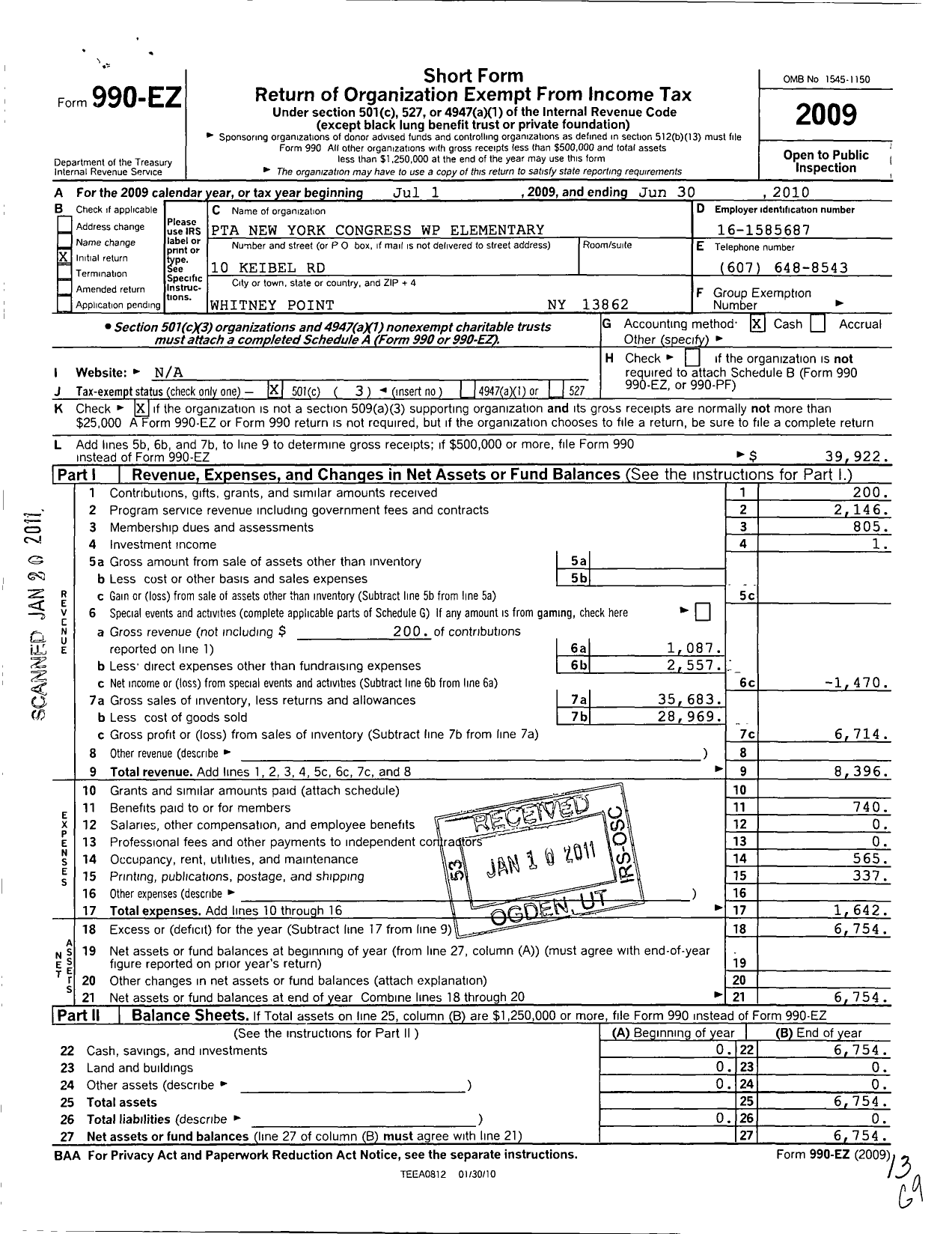 Image of first page of 2009 Form 990EZ for New York State PTA - 15-237 Whitney Point PTA