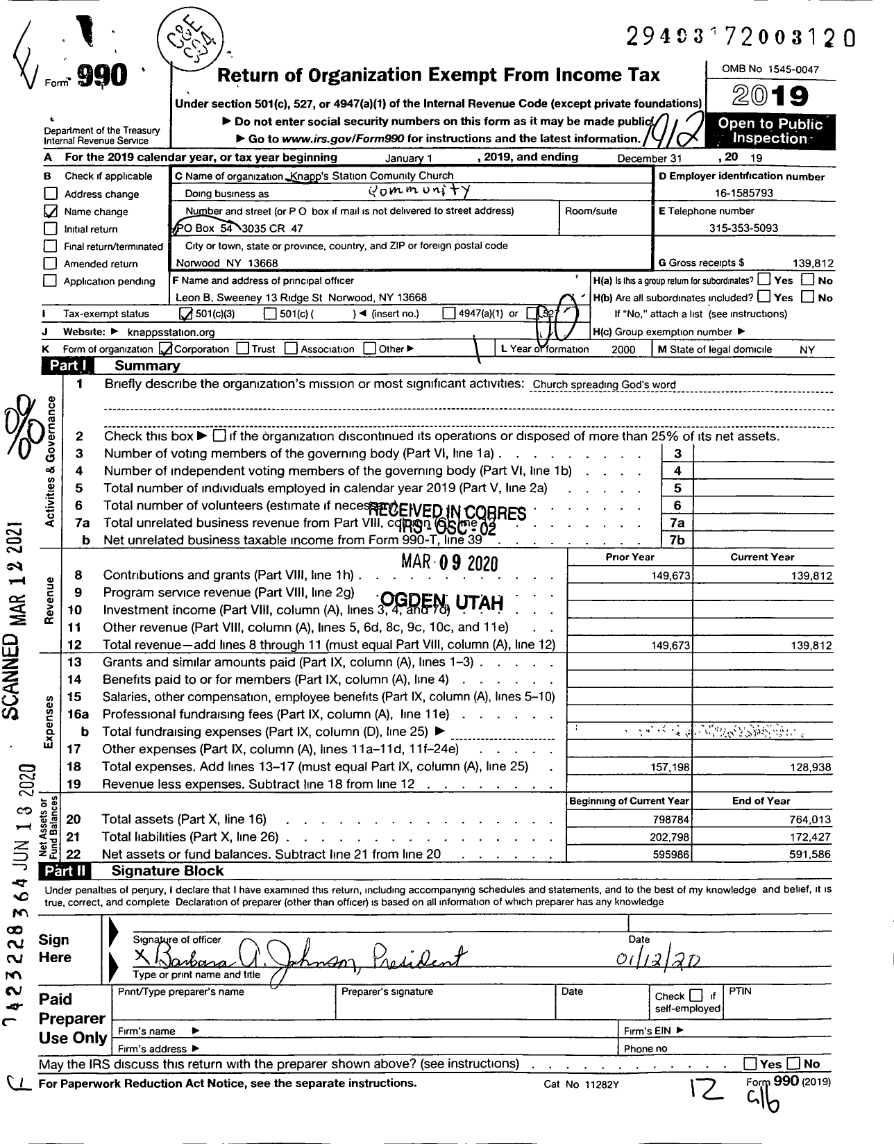 Image of first page of 2019 Form 990O for Knappsstation Community Church