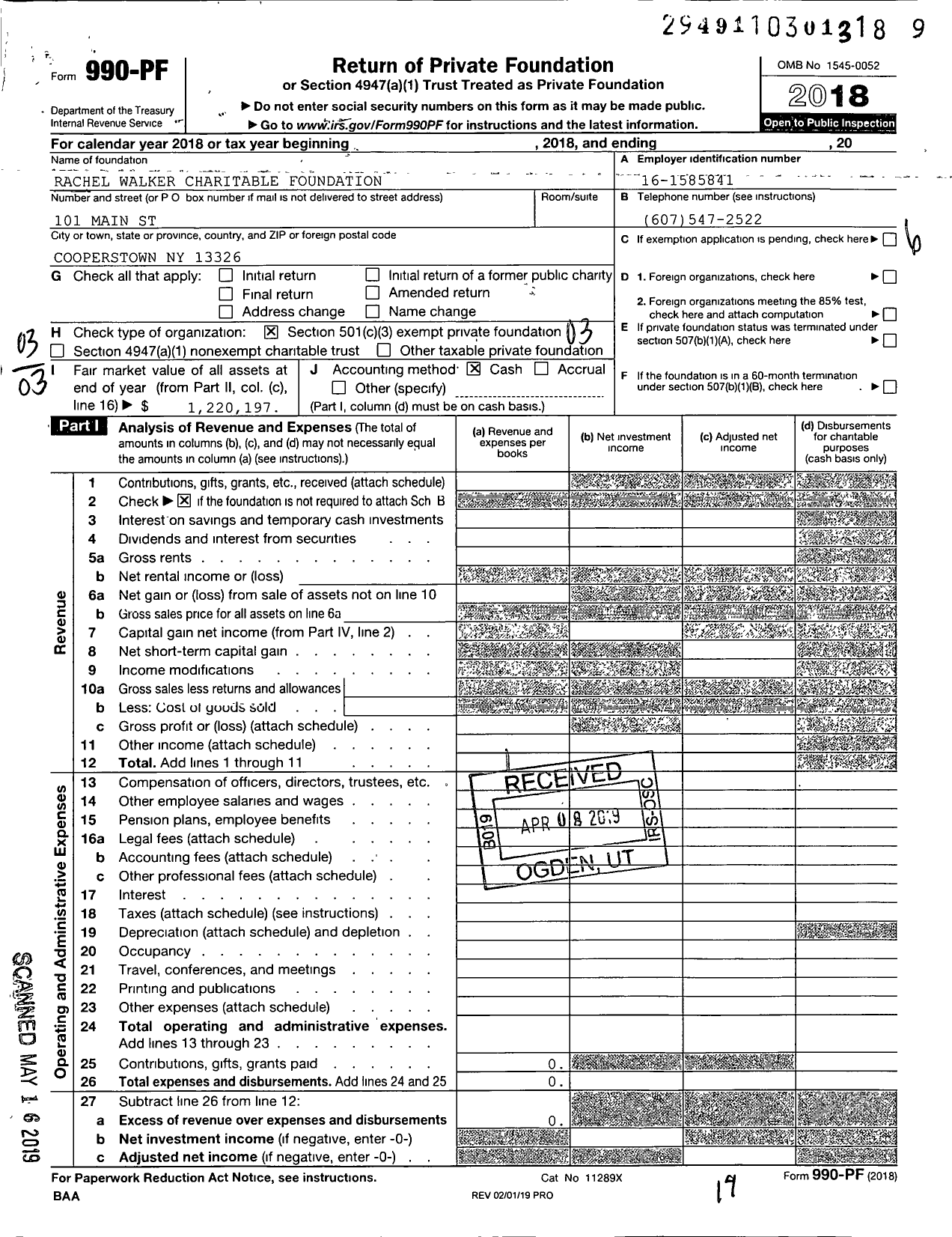 Image of first page of 2018 Form 990PF for Rachel Walker Charitable Foundation