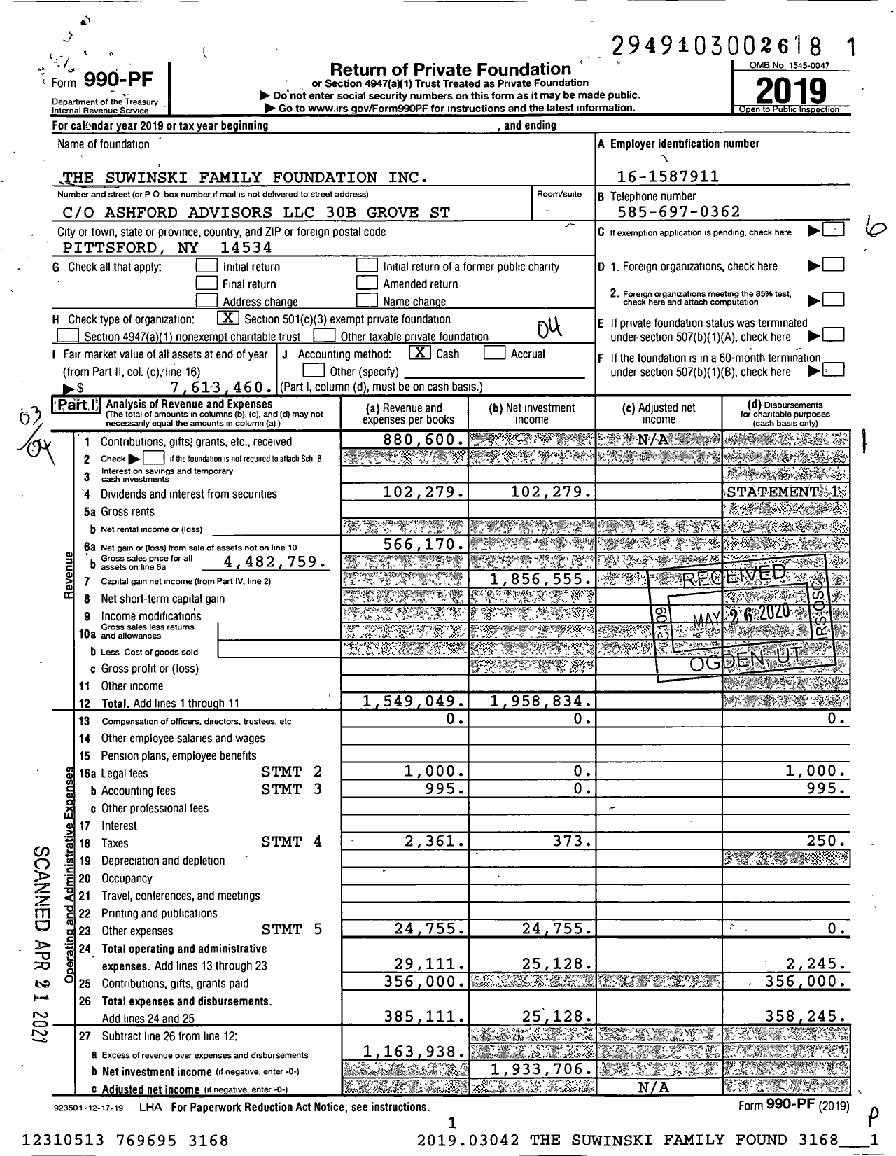 Image of first page of 2019 Form 990PF for The Suwinski Family Foundation