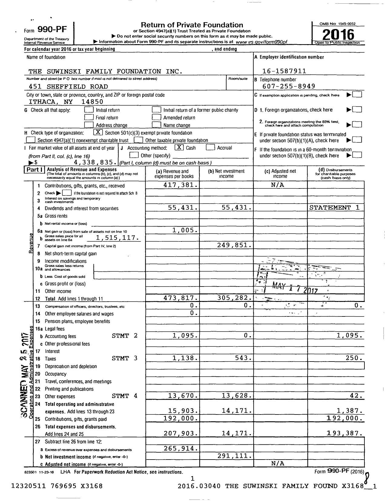 Image of first page of 2016 Form 990PF for The Suwinski Family Foundation