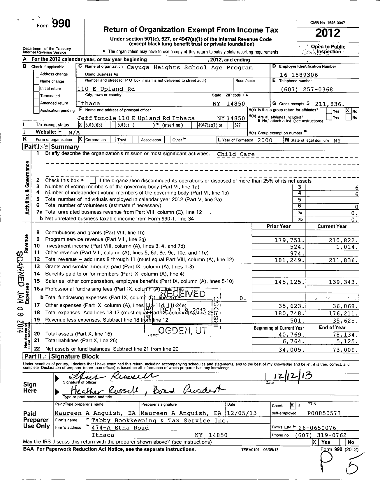 Image of first page of 2012 Form 990 for Cayuga Heights School Age Program