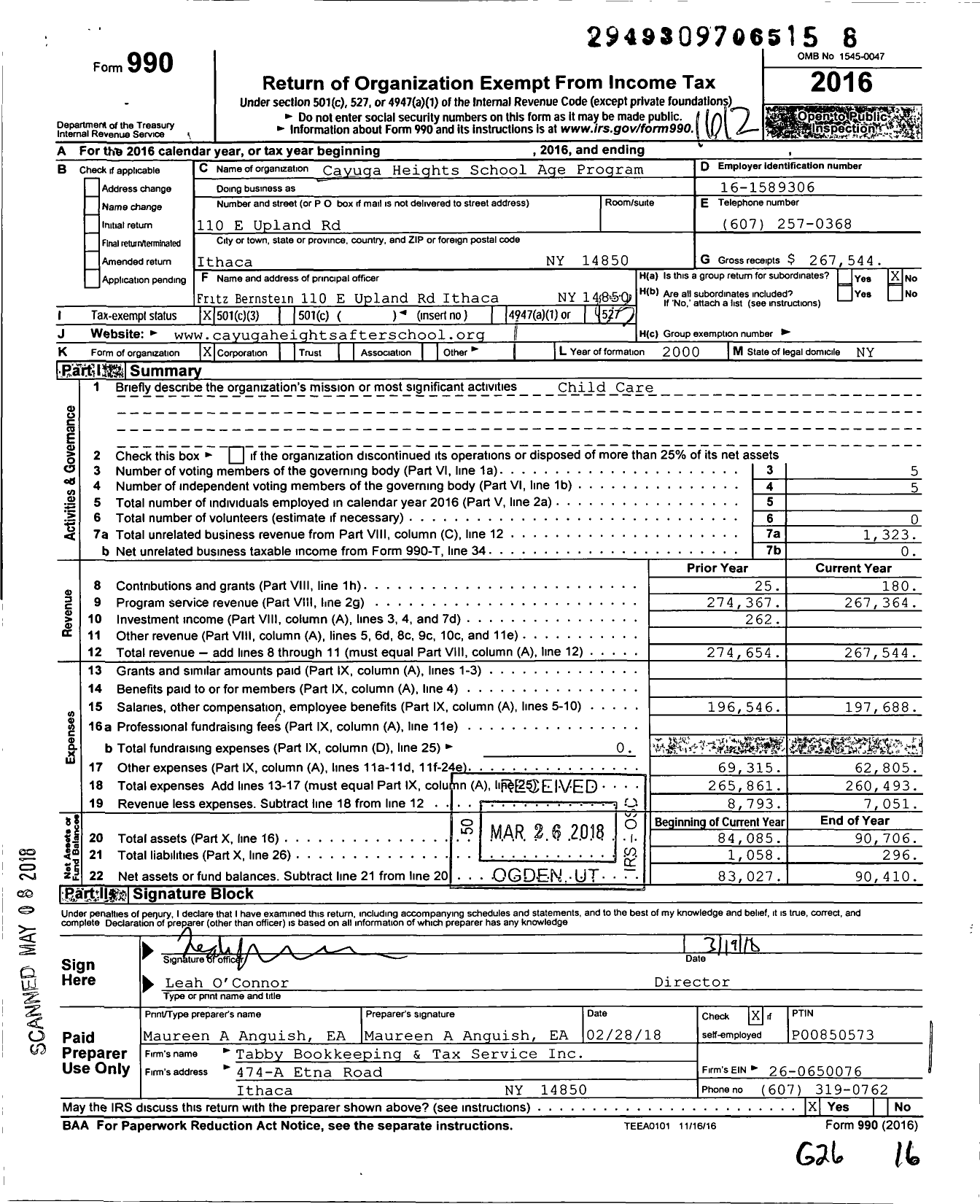 Image of first page of 2016 Form 990 for Cayuga Heights School Age Program