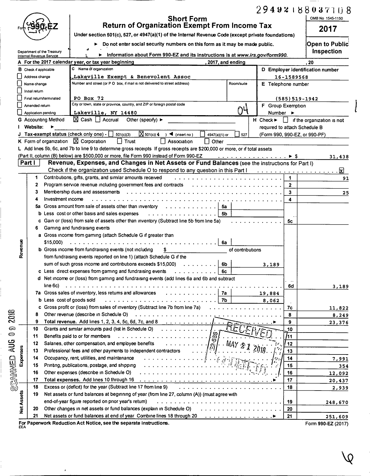 Image of first page of 2017 Form 990EO for Lakeville Volunteer Exempt Firemen's