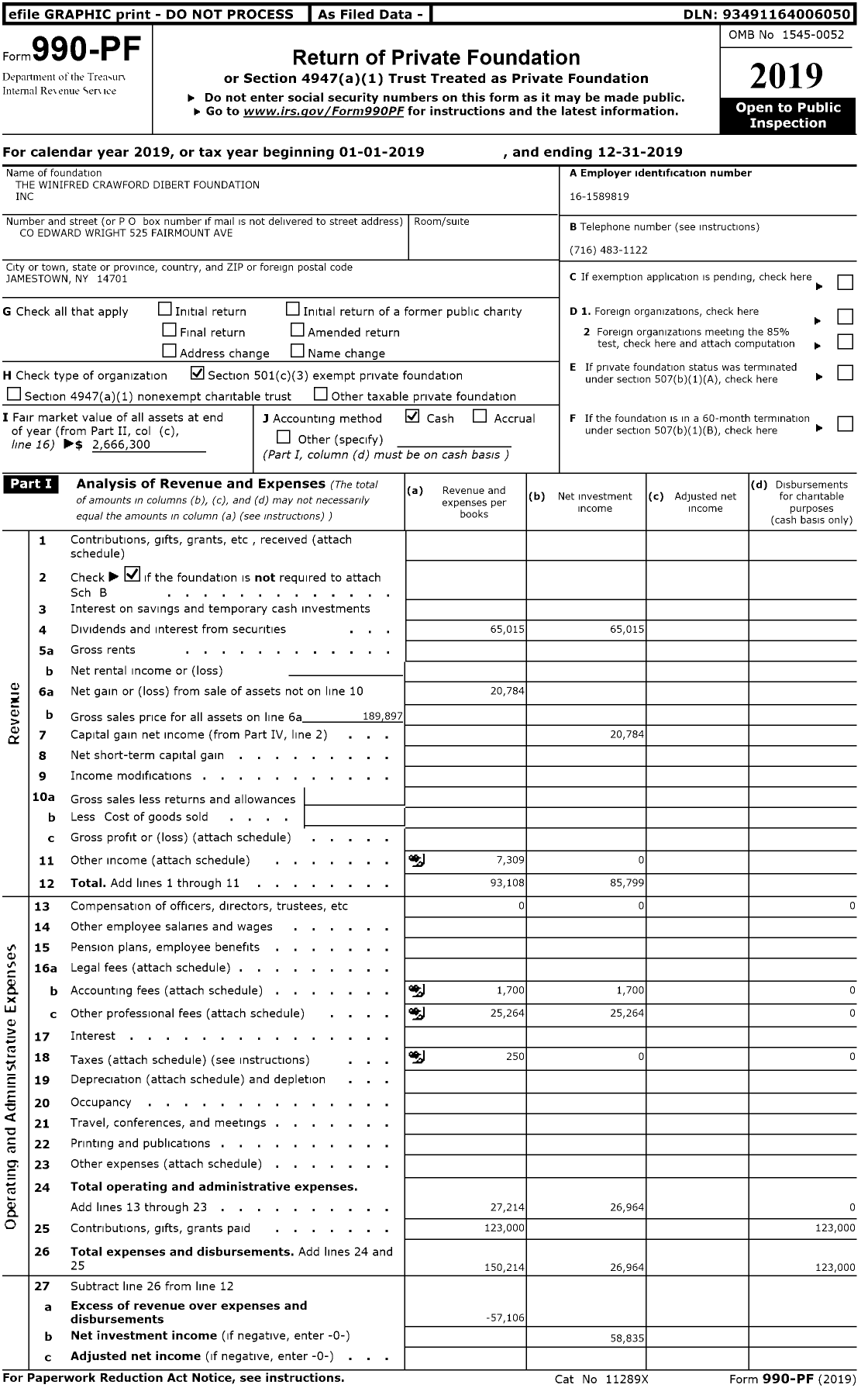 Image of first page of 2019 Form 990PR for The Winifred Crawford Dibert Foundation