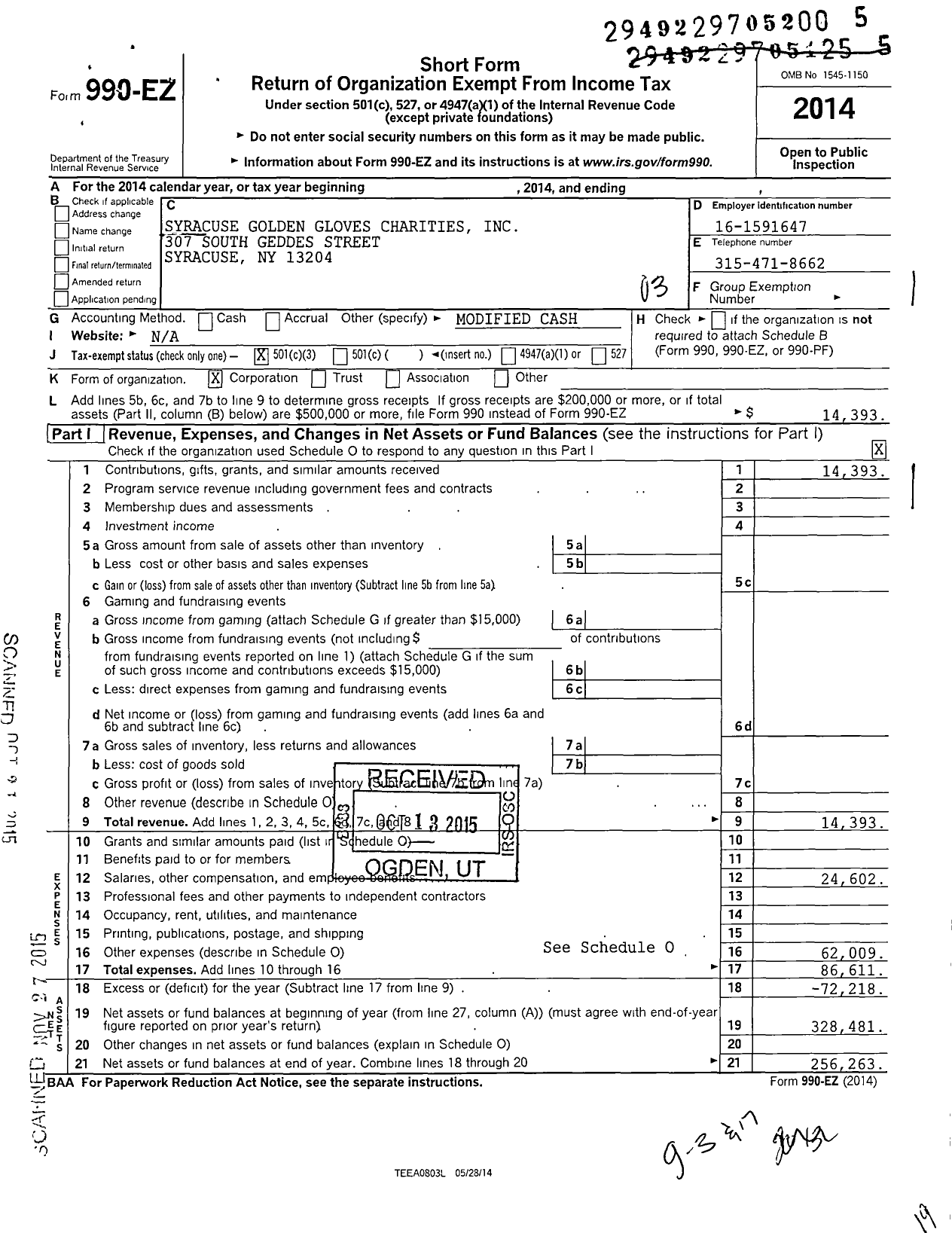 Image of first page of 2014 Form 990EZ for Syracuse Golden Gloves Charities