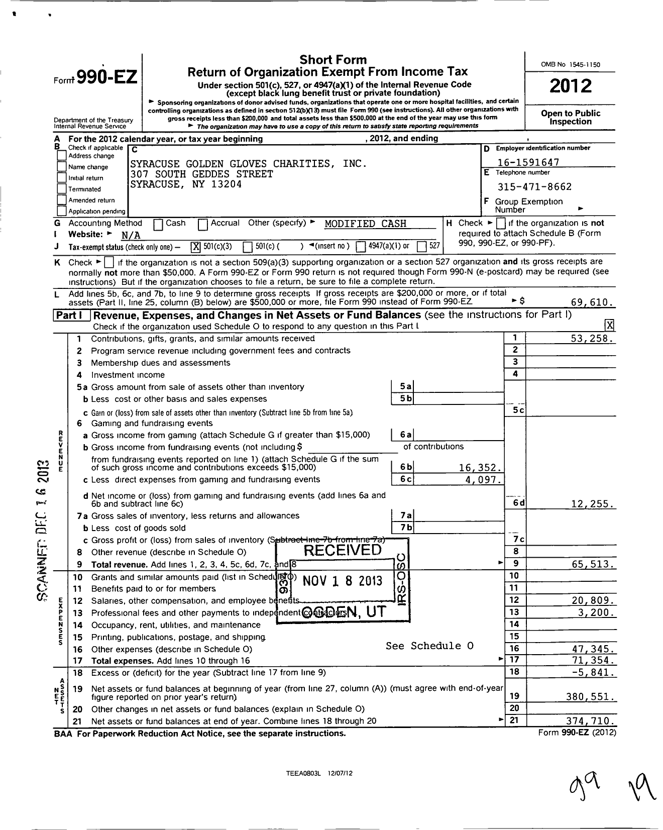 Image of first page of 2012 Form 990EZ for Syracuse Golden Gloves Charities