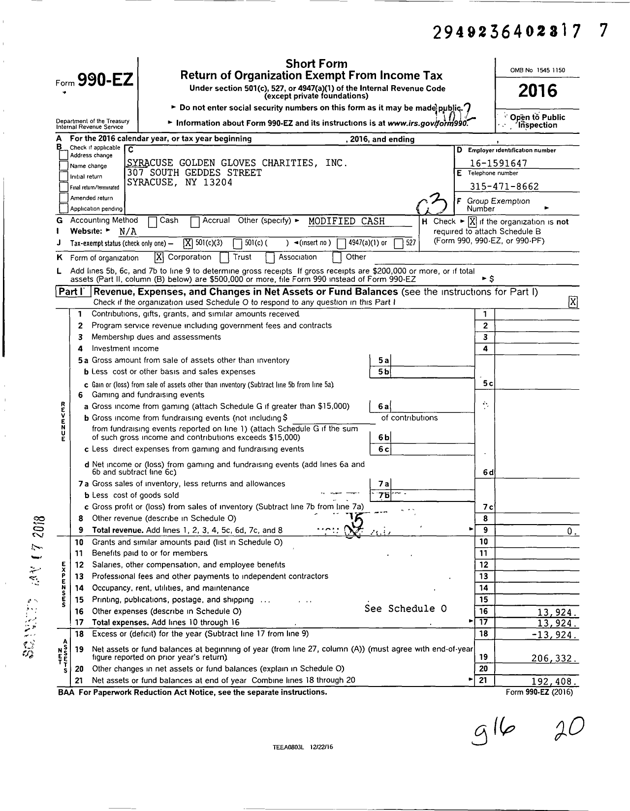 Image of first page of 2016 Form 990EZ for Syracuse Golden Gloves Charities