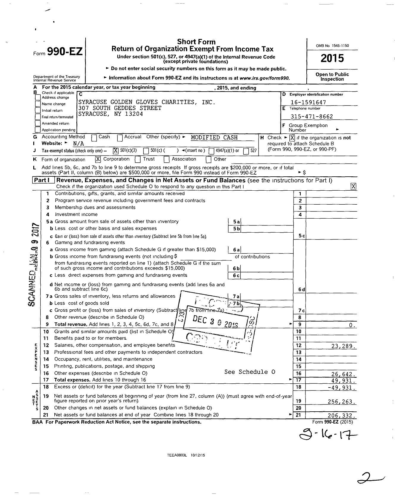 Image of first page of 2015 Form 990EZ for Syracuse Golden Gloves Charities