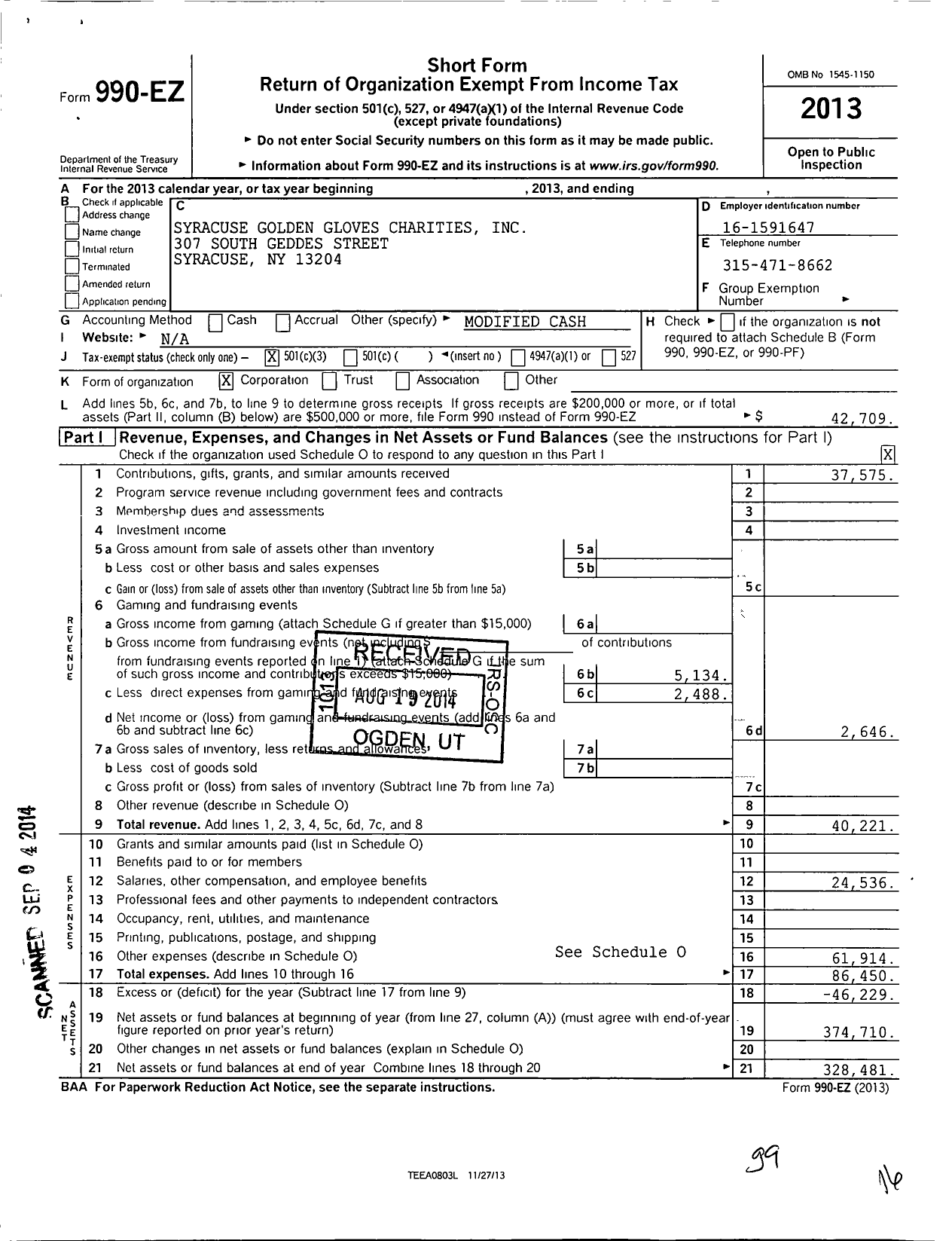 Image of first page of 2013 Form 990EZ for Syracuse Golden Gloves Charities