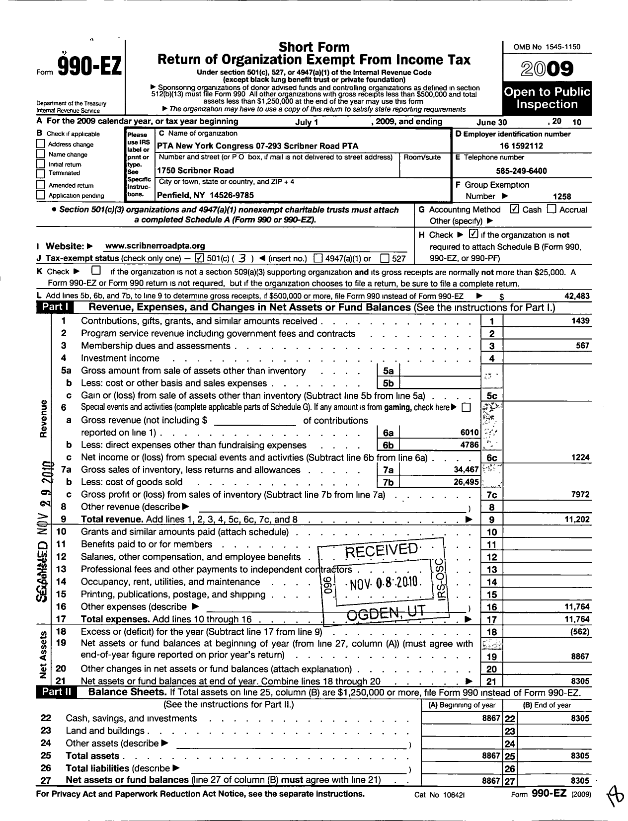 Image of first page of 2009 Form 990EZ for New York State PTA - 07-293 Scribner Road PTA