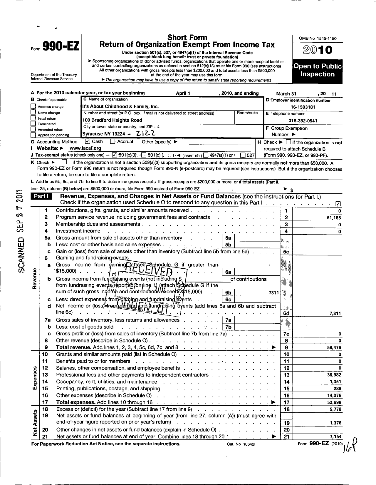 Image of first page of 2010 Form 990EZ for Its About Childhood and Family