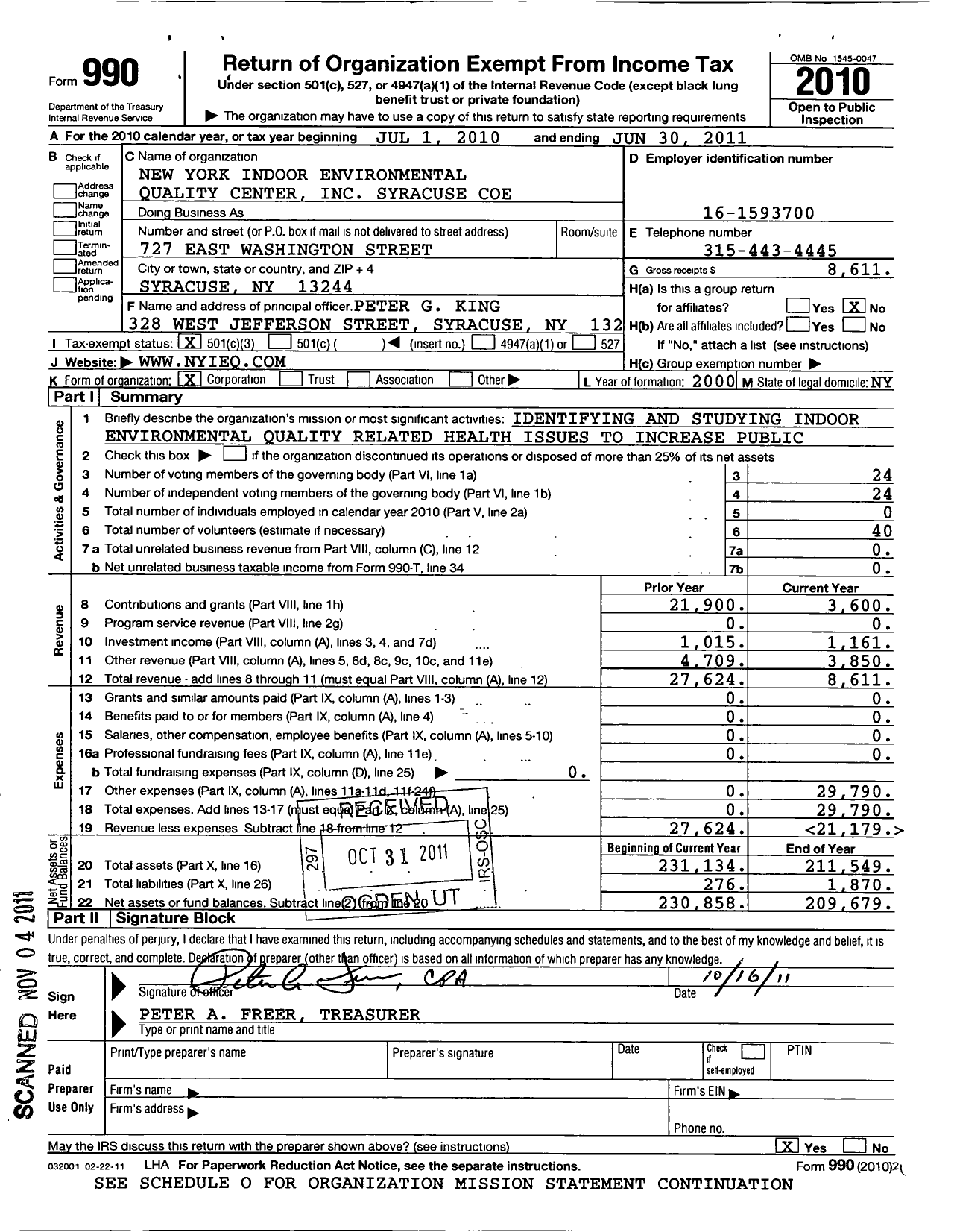 Image of first page of 2010 Form 990 for New York Indoor Environmental Quality Center