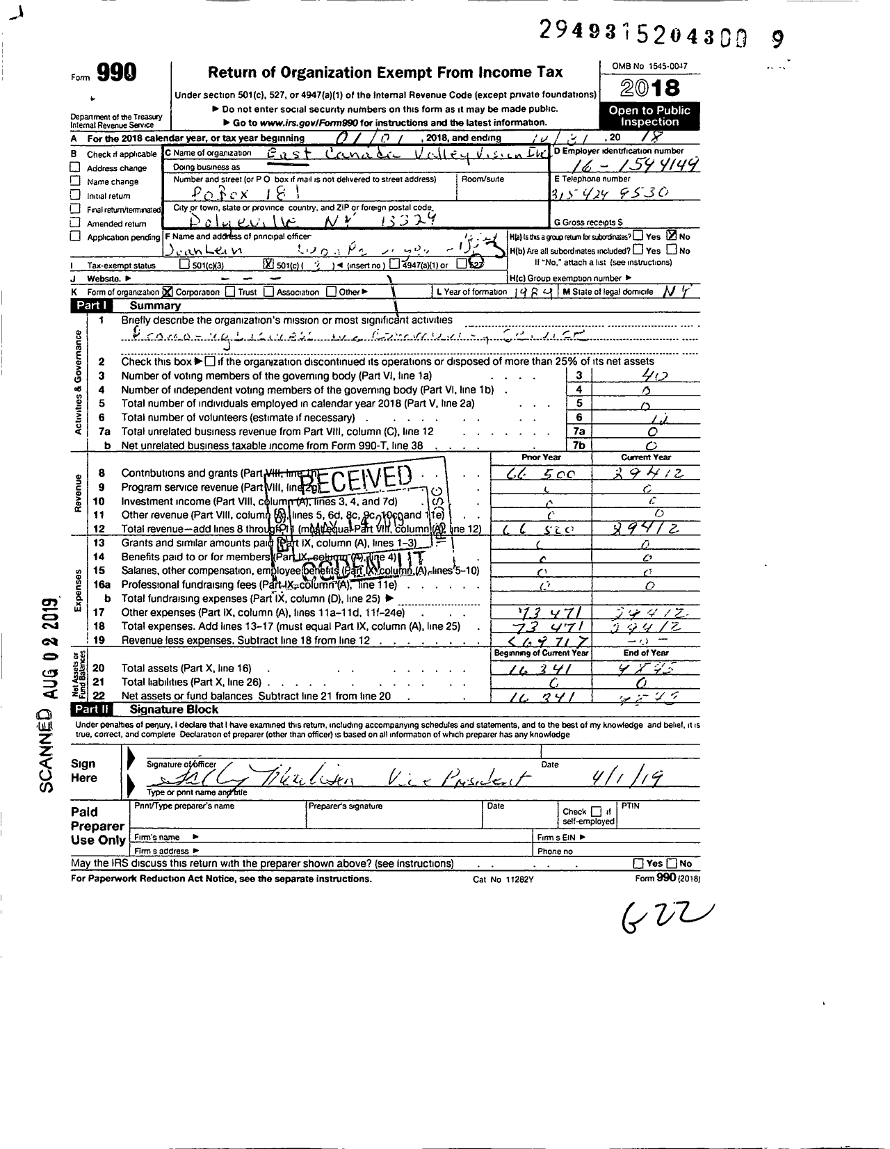 Image of first page of 2018 Form 990 for East Canada Valley Vision