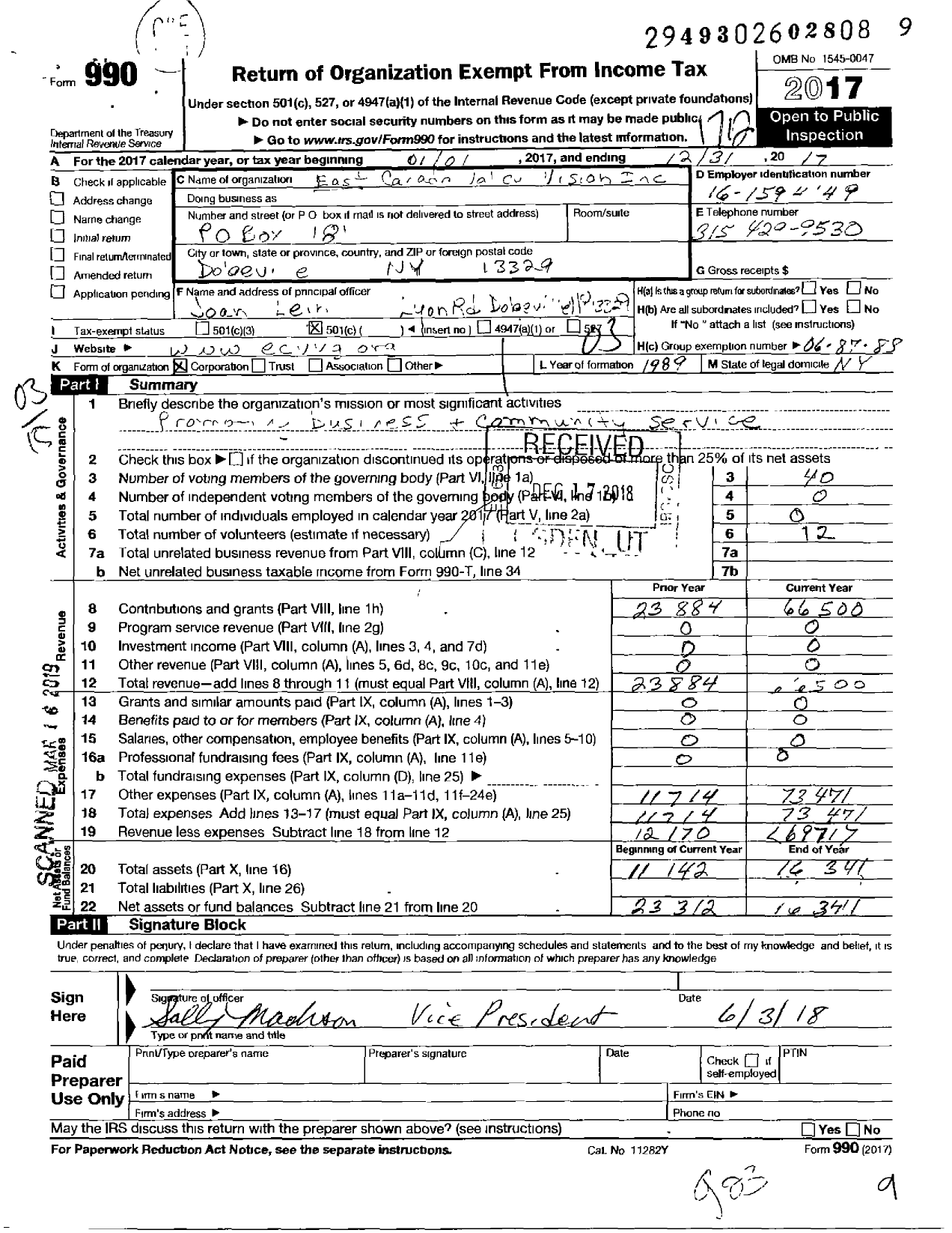 Image of first page of 2017 Form 990 for East Canada Valley Vision