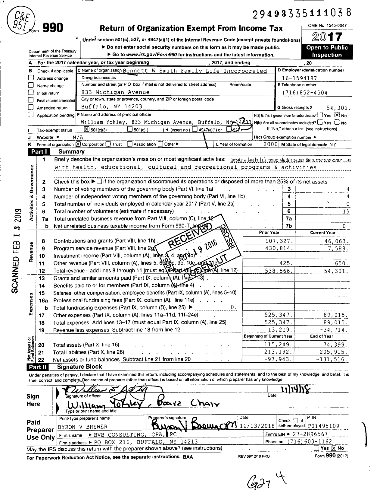 Image of first page of 2017 Form 990 for Bennett W Smith Family Life Incorporated