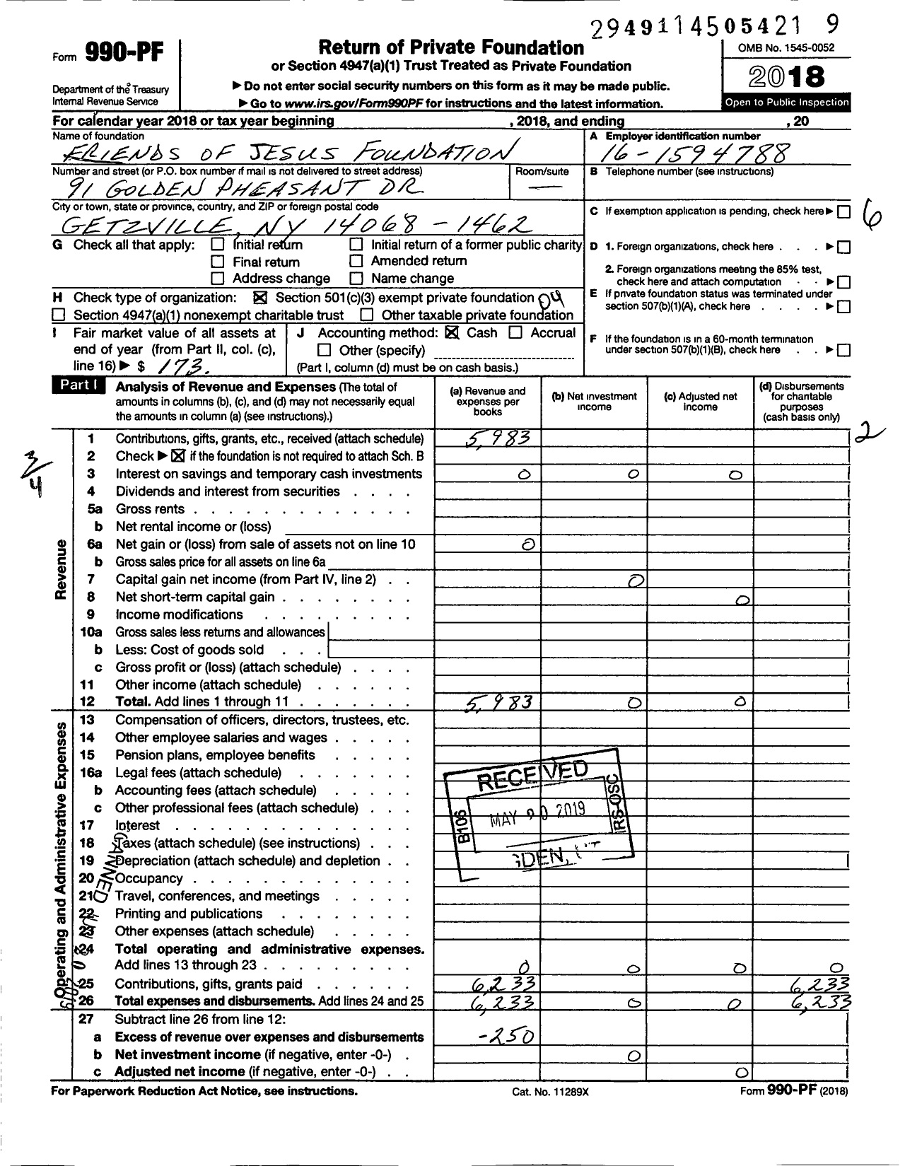 Image of first page of 2018 Form 990PF for Friends of Jesus Foundation