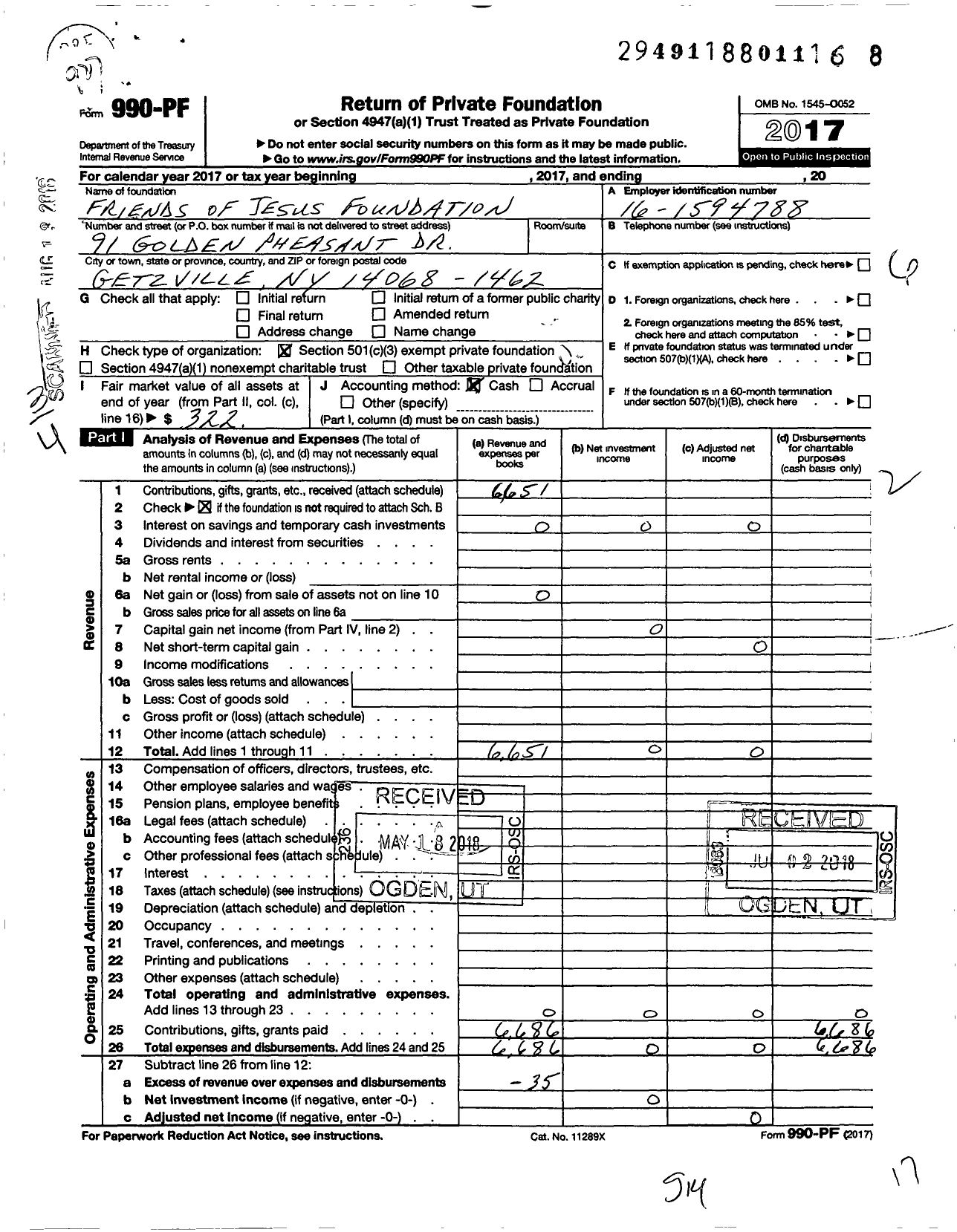 Image of first page of 2017 Form 990PF for Friends of Jesus Foundation