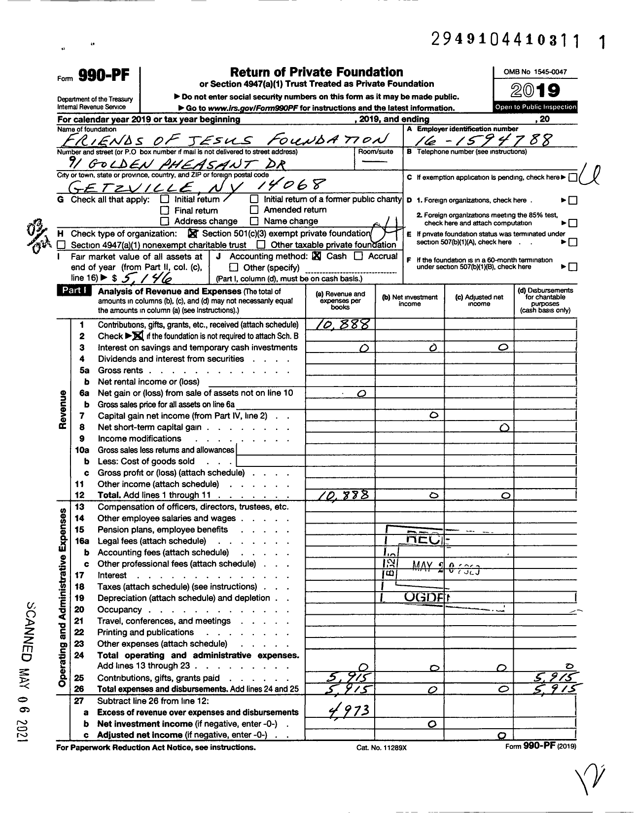 Image of first page of 2019 Form 990PF for Friends of Jesus Foundation