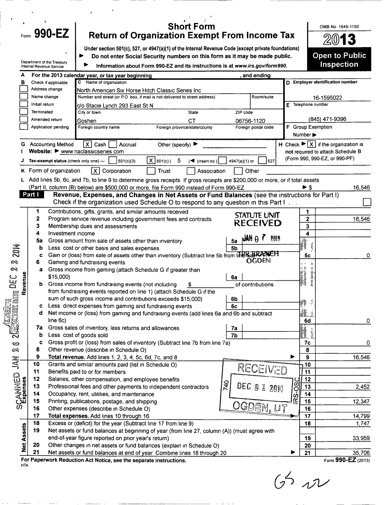 Image of first page of 2013 Form 990EO for North American Six Horse Hitch Classic Series