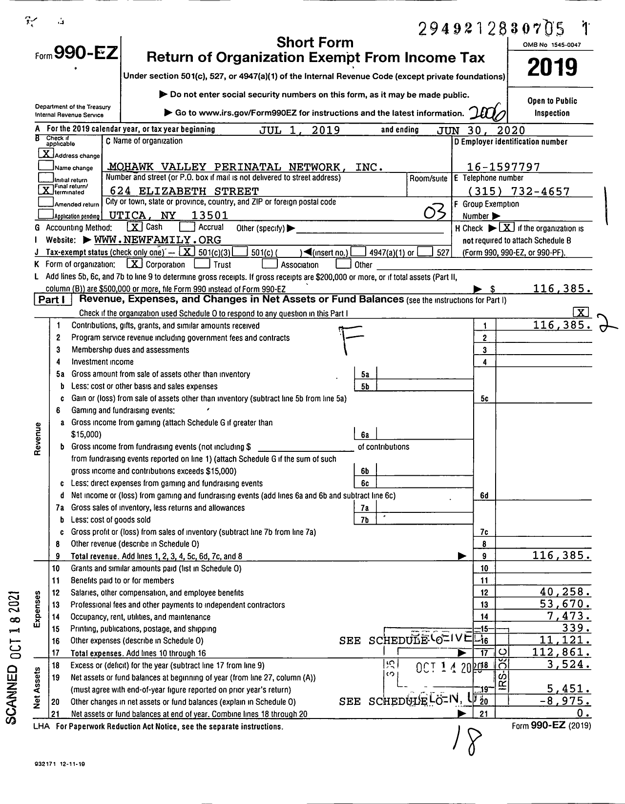 Image of first page of 2019 Form 990EZ for Mohawk Valley Perinatal Network