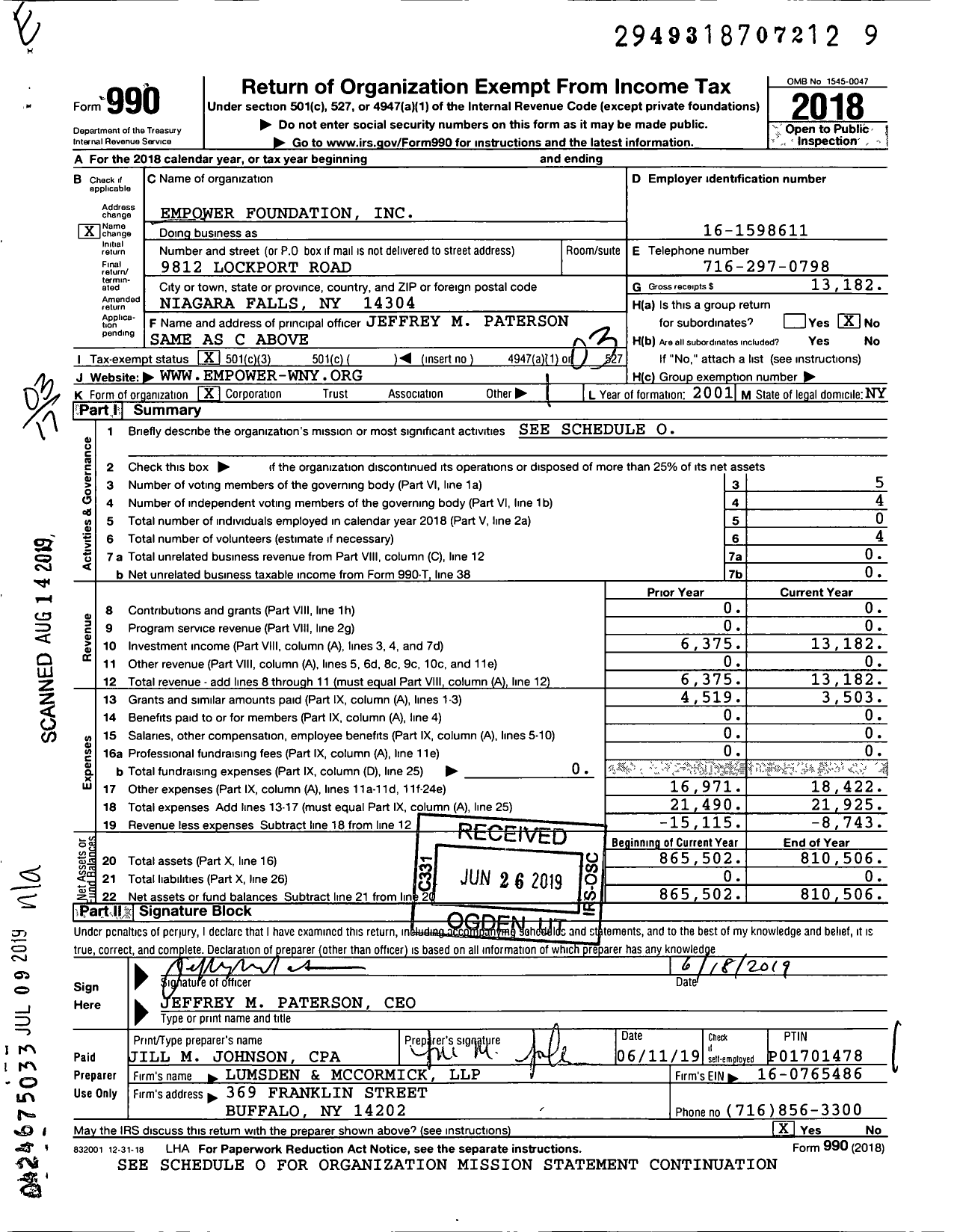 Image of first page of 2018 Form 990 for Empower Foundation