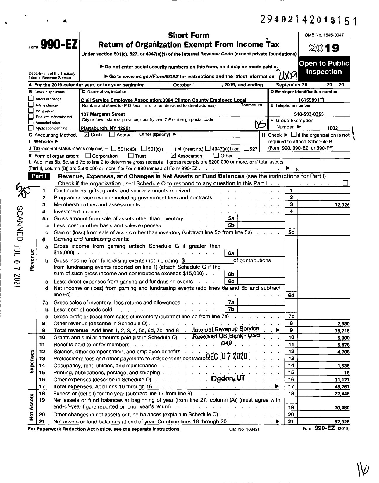 Image of first page of 2019 Form 990EO for Civil Service Employees Association - 0884 Clinton County Employees