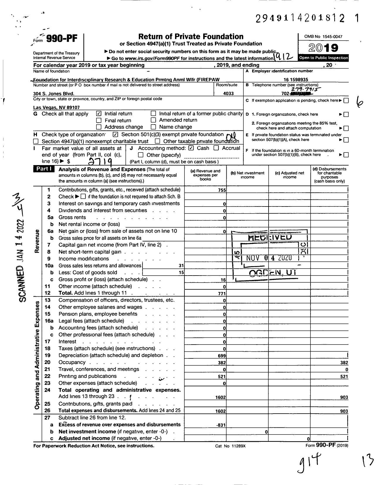 Image of first page of 2019 Form 990PF for Foundation for Interdisciplinary Research and Education Promoting