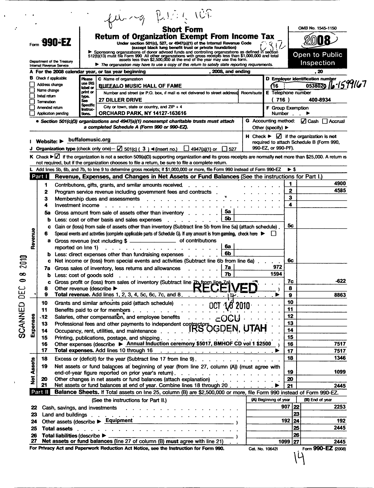 Image of first page of 2008 Form 990EZ for Buffalo Music Hall of Fame