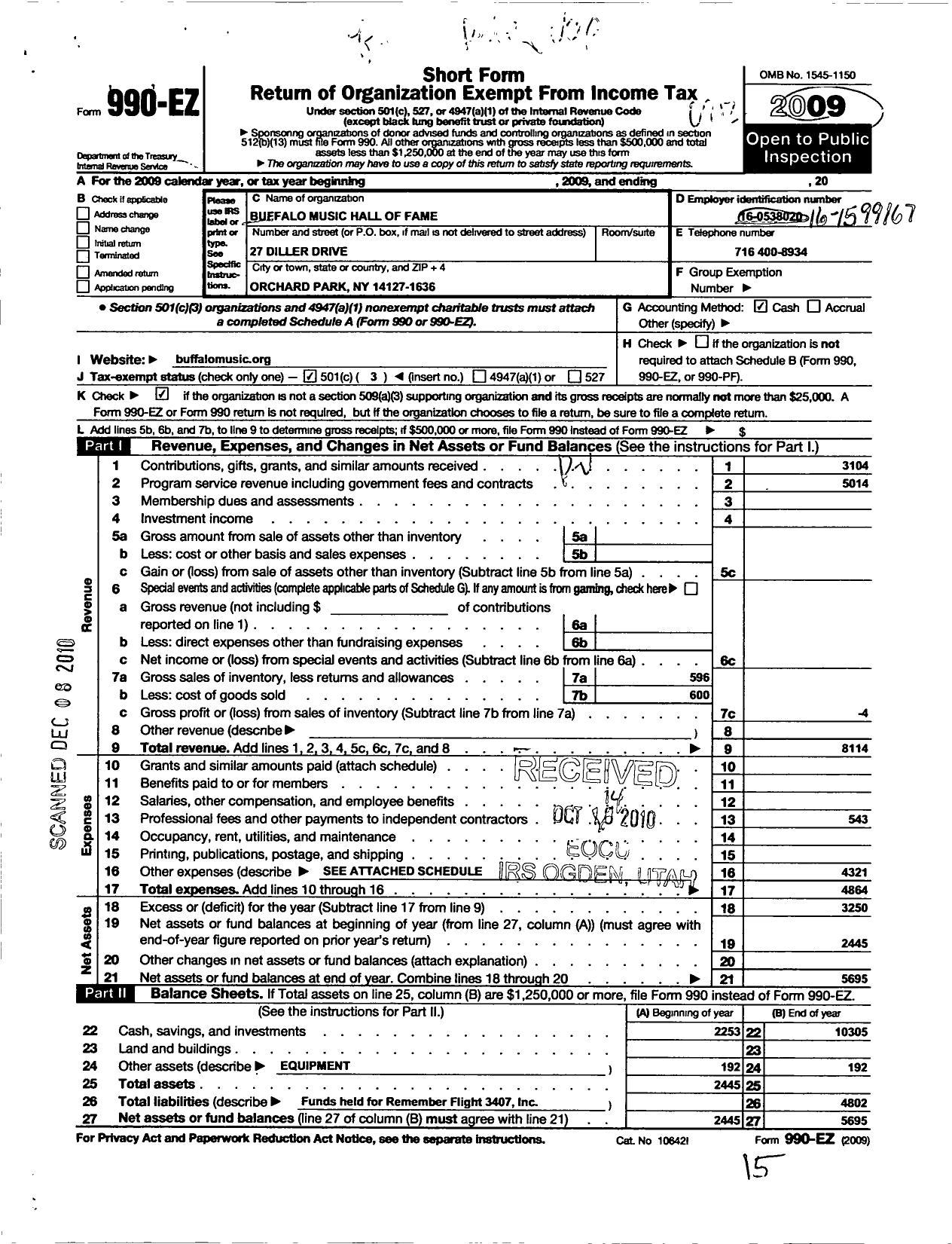 Image of first page of 2009 Form 990EZ for Buffalo Music Hall of Fame