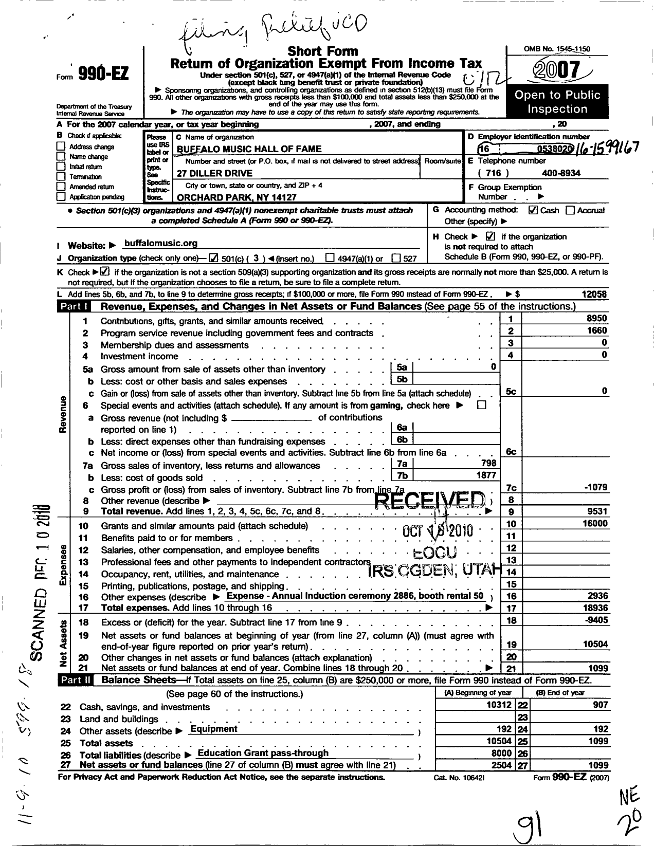 Image of first page of 2007 Form 990EZ for Buffalo Music Hall of Fame