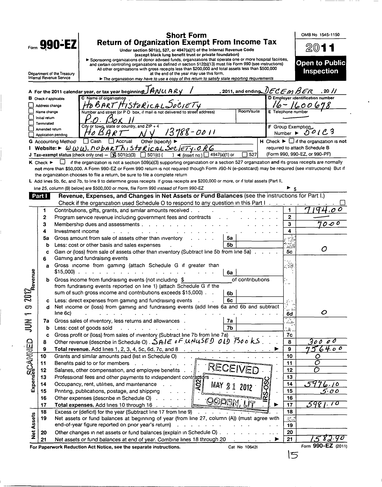 Image of first page of 2011 Form 990EZ for Hobart Historical Society