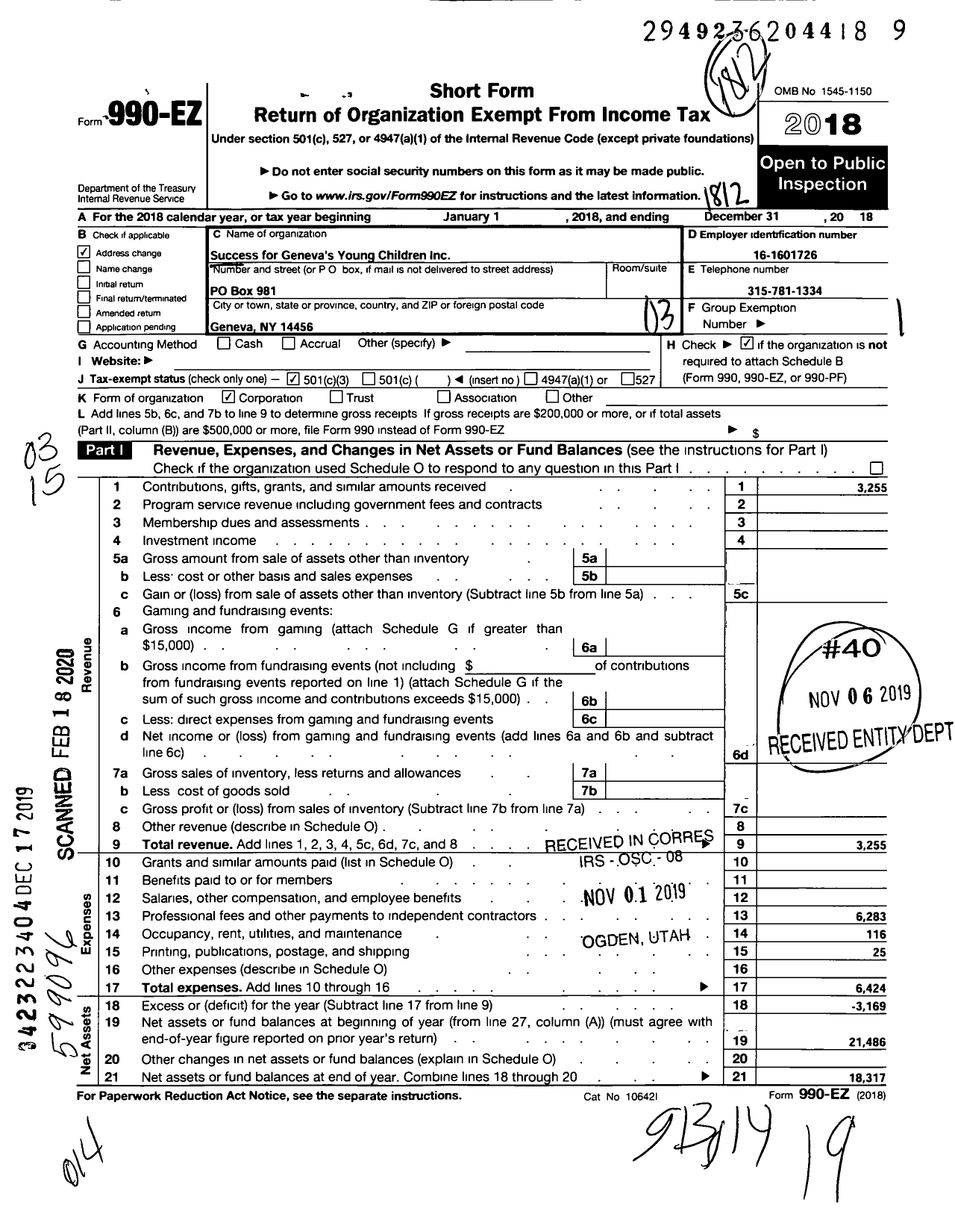 Image of first page of 2018 Form 990EZ for Success for Genevas Young Children